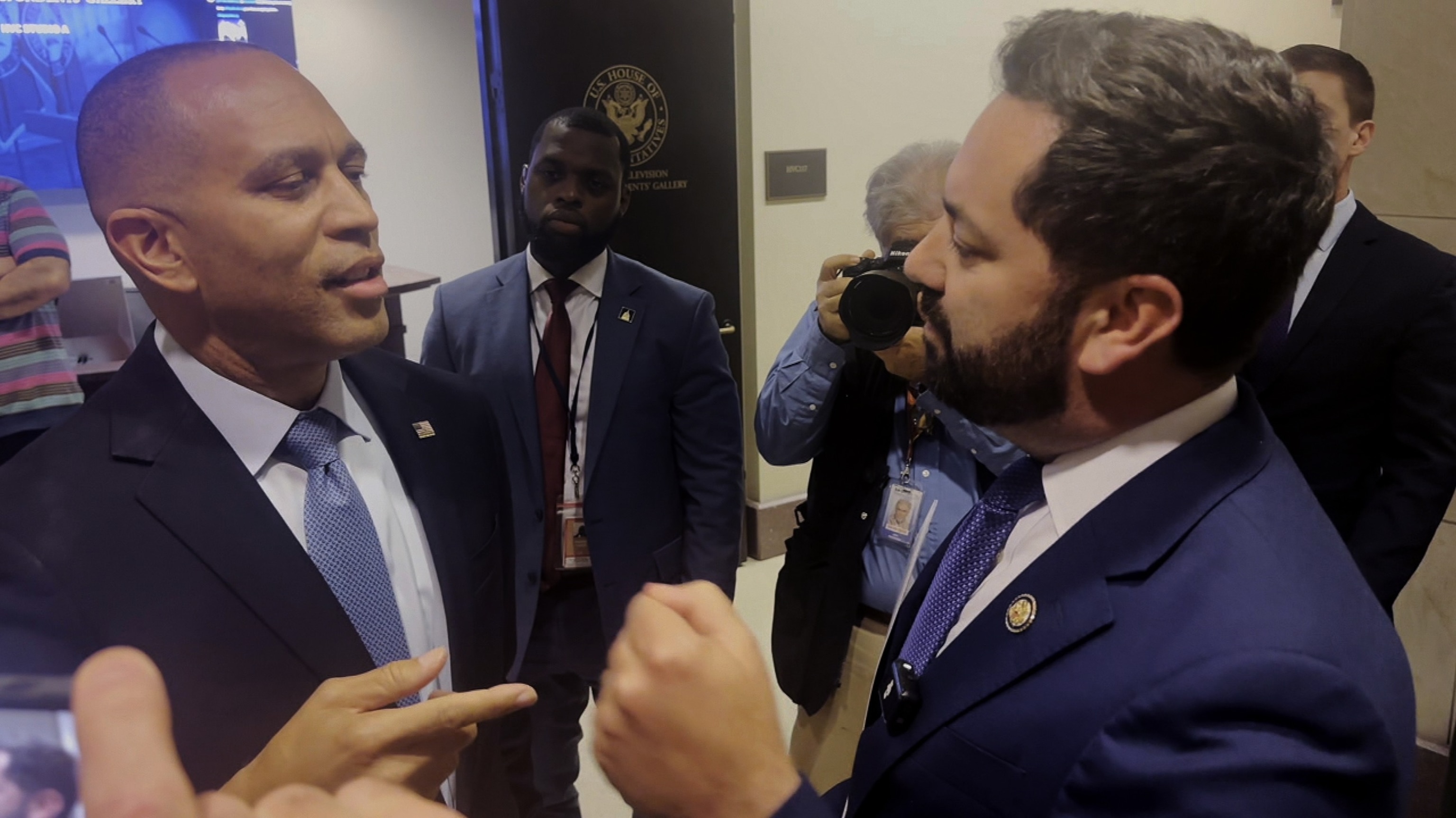 PHOTO: Rep. Mike Lawler confronts House Minority Leader Hakeem Jeffries about signing on to a bill that would extend Affordable Care Act tax credits, after a House Democrats news conference in the Capitol Visitor, October 8, 2025.