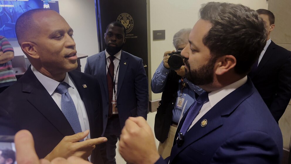 PHOTO: Rep. Mike Lawler confronts House Minority Leader Hakeem Jeffries about signing on to a bill that would extend Affordable Care Act tax credits, after a House Democrats news conference in the Capitol Visitor,  October 8, 2025.