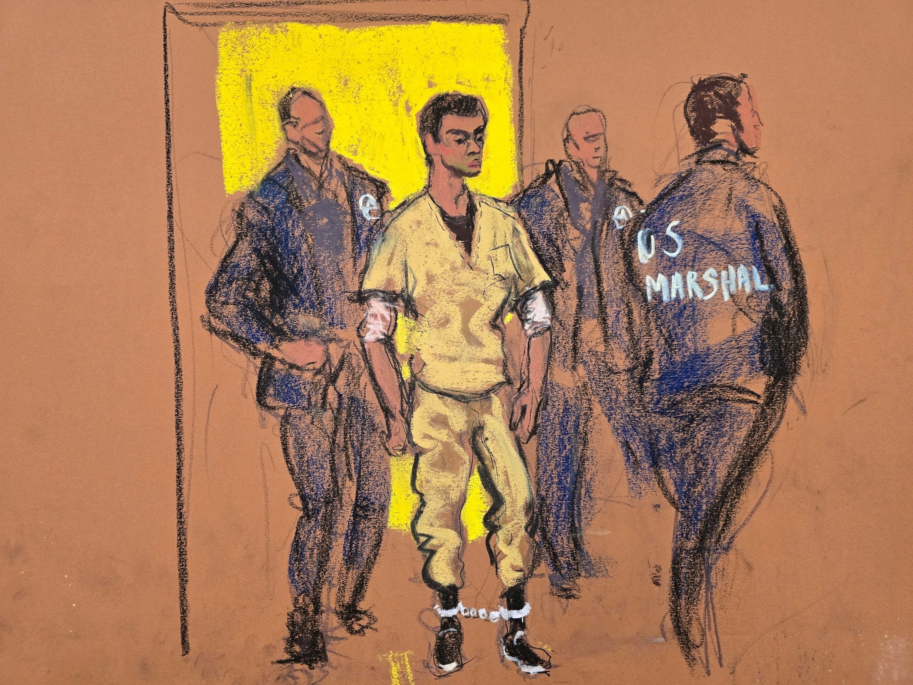 PHOTO: Shackled Luigi Mangione as he arrives at the Manhattan Federal Courthouse to appear on murder charges for the killing of UnitedHealthcare chief executive Brian Thompson in New York, Jan. 9, 2026, in this courtroom sketch.