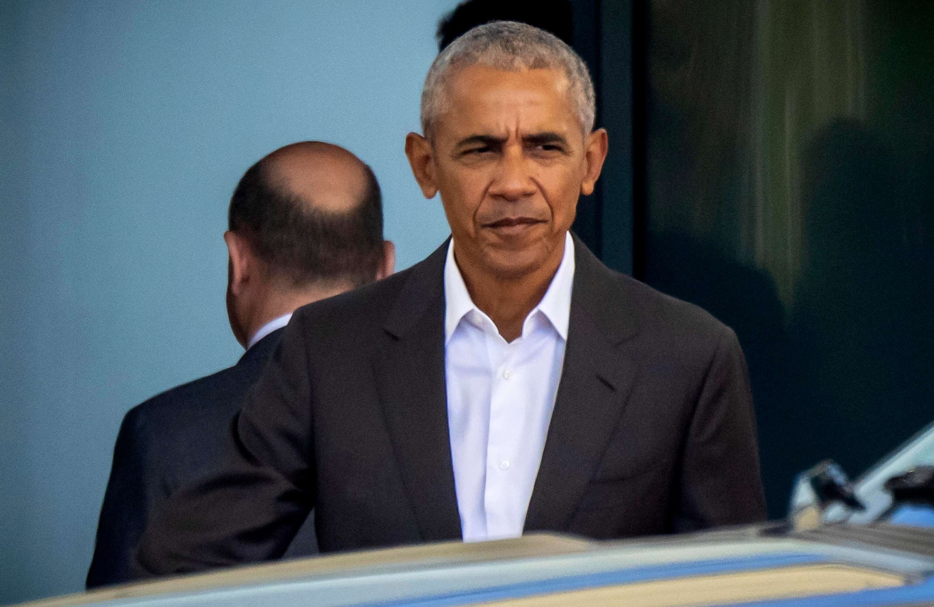 PHOTO: Former President Barack Obama is seen off by German Chancellor Olaf Scholz at the Federal Chancellery in Berlin, on May 3, 2023.