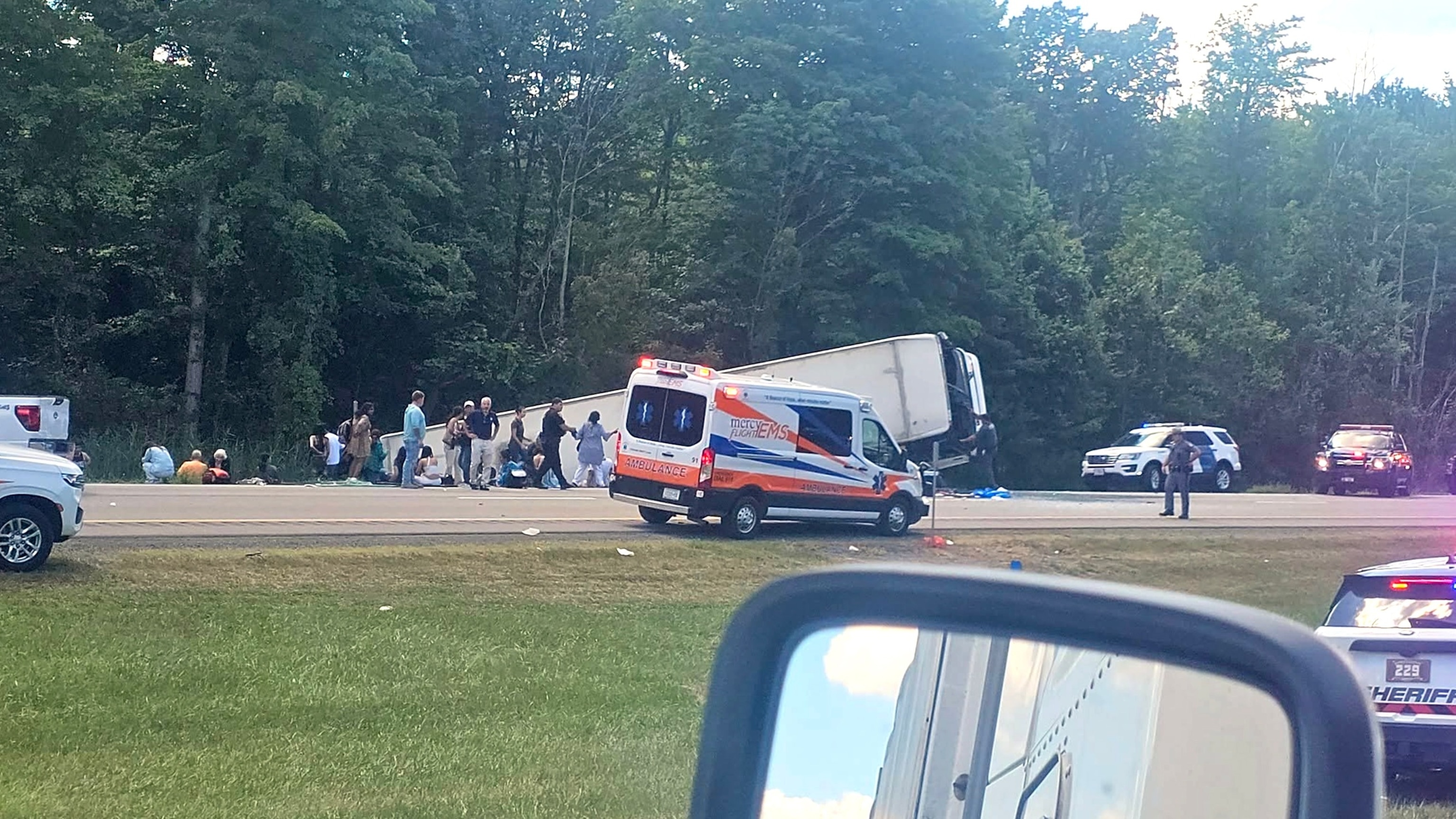 PHOTO: A bus crashed on I90 near Pembroke, NY, on Aug. 22, 2025.