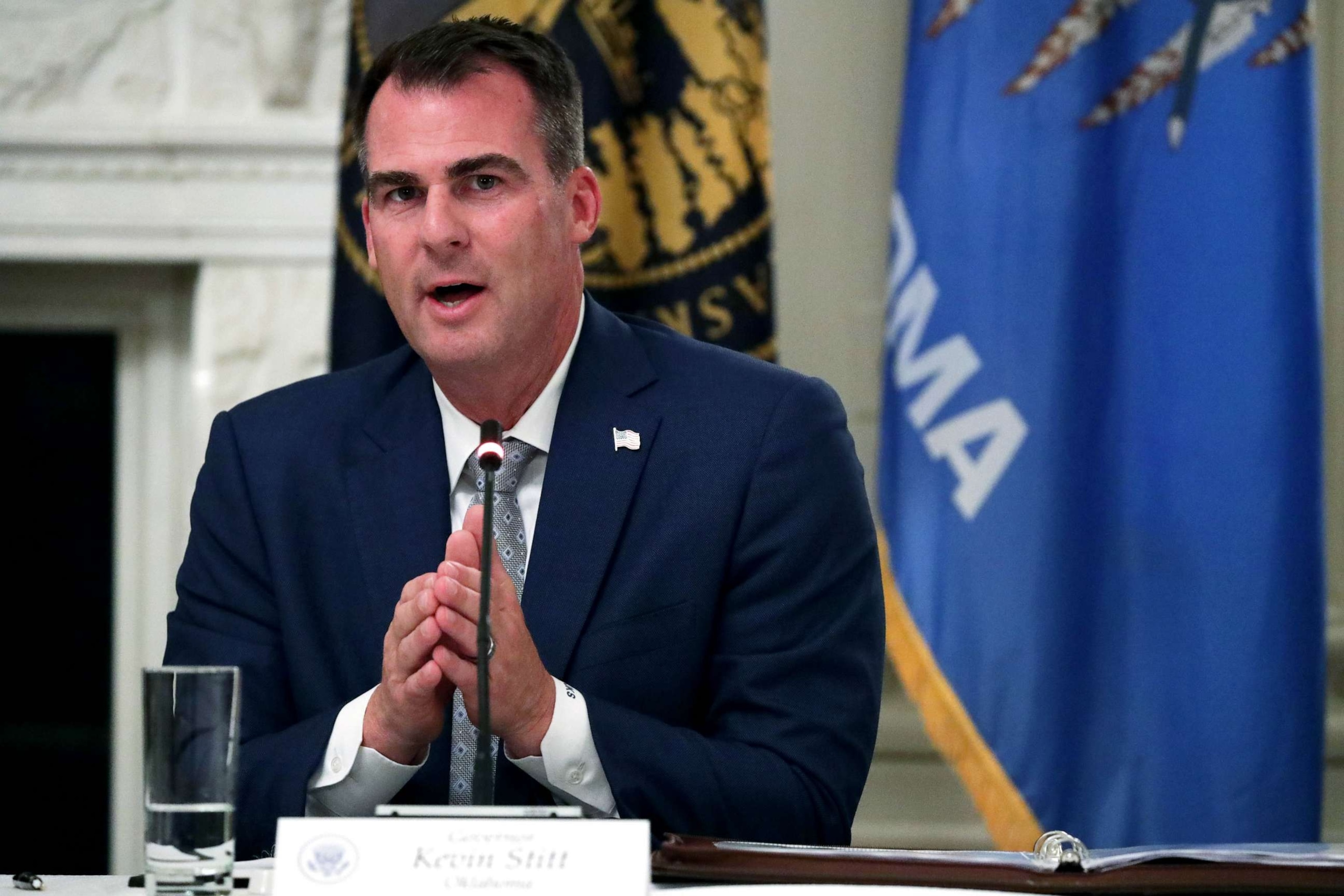 PHOTO: Governor Kevin Stitt speaks during a roundtable at the State Dining Room of the White House June 18, 2020 in Washington, DC.