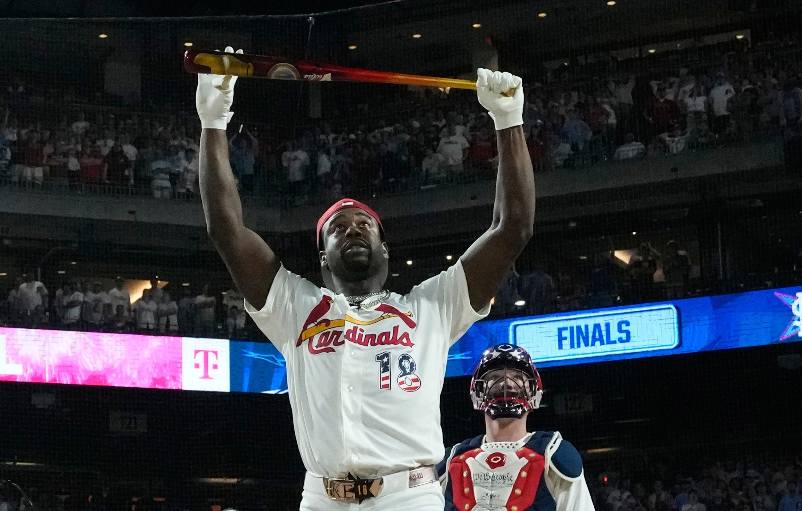 PHOTO: JSt. Louis Cardinals' Jordan Walker reacts  to hitting a home run during the MLB baseball All-Star Home Run Derby, July 13, 2026, in Philadelphia. 