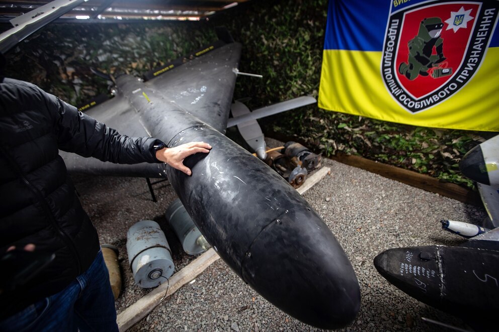 PHOTO: In this Oct. 9, 2025, file photo, a Shahed is seen at a police museum in Sumy, Ukraine. 