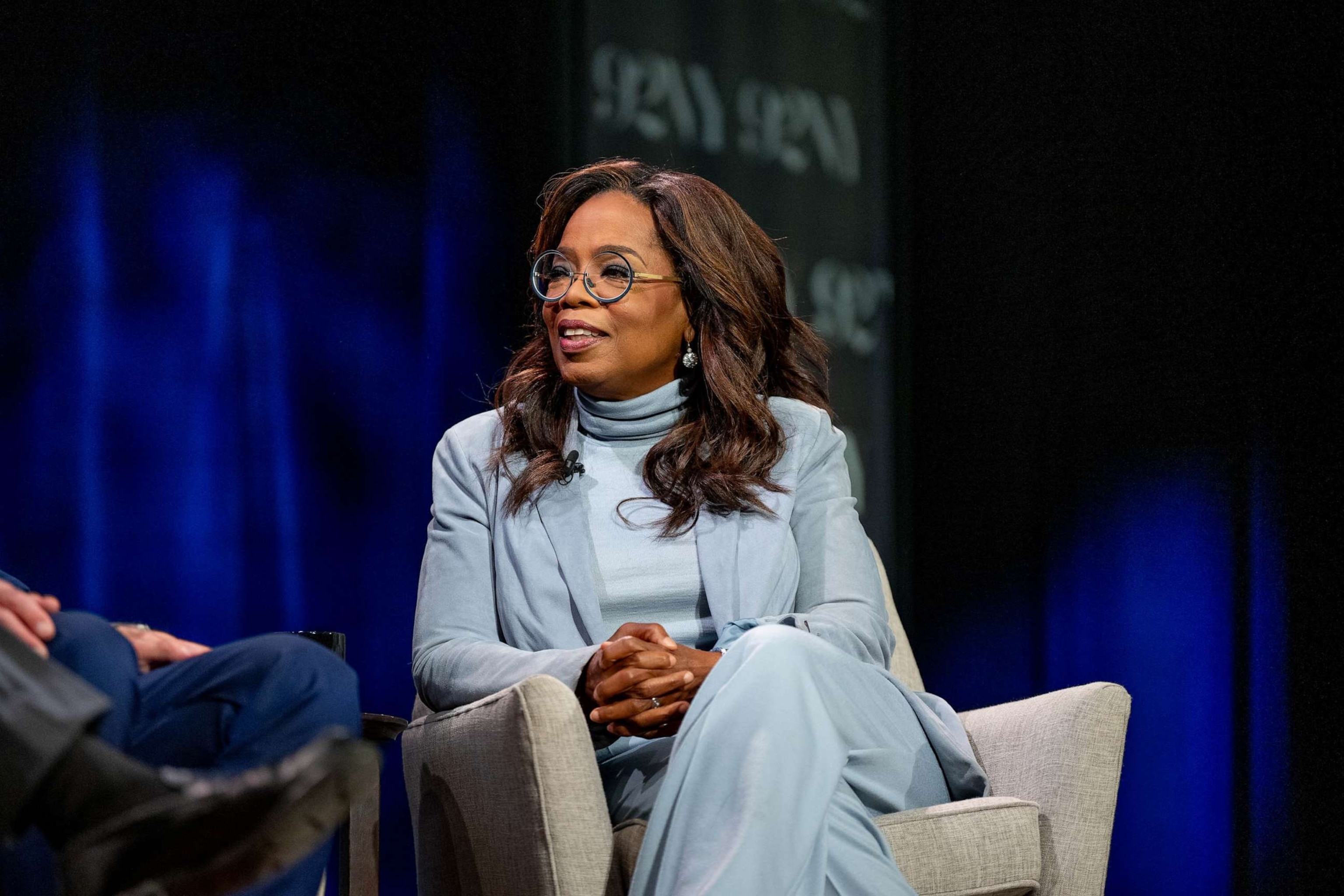 PHOTO: Oprah Winfrey with George Stephanopoulos and Arthur C. Brooks discuss "Build The Life You Want" at The 92nd Street Y, New York on Sept. 12, 2023 in New York City.