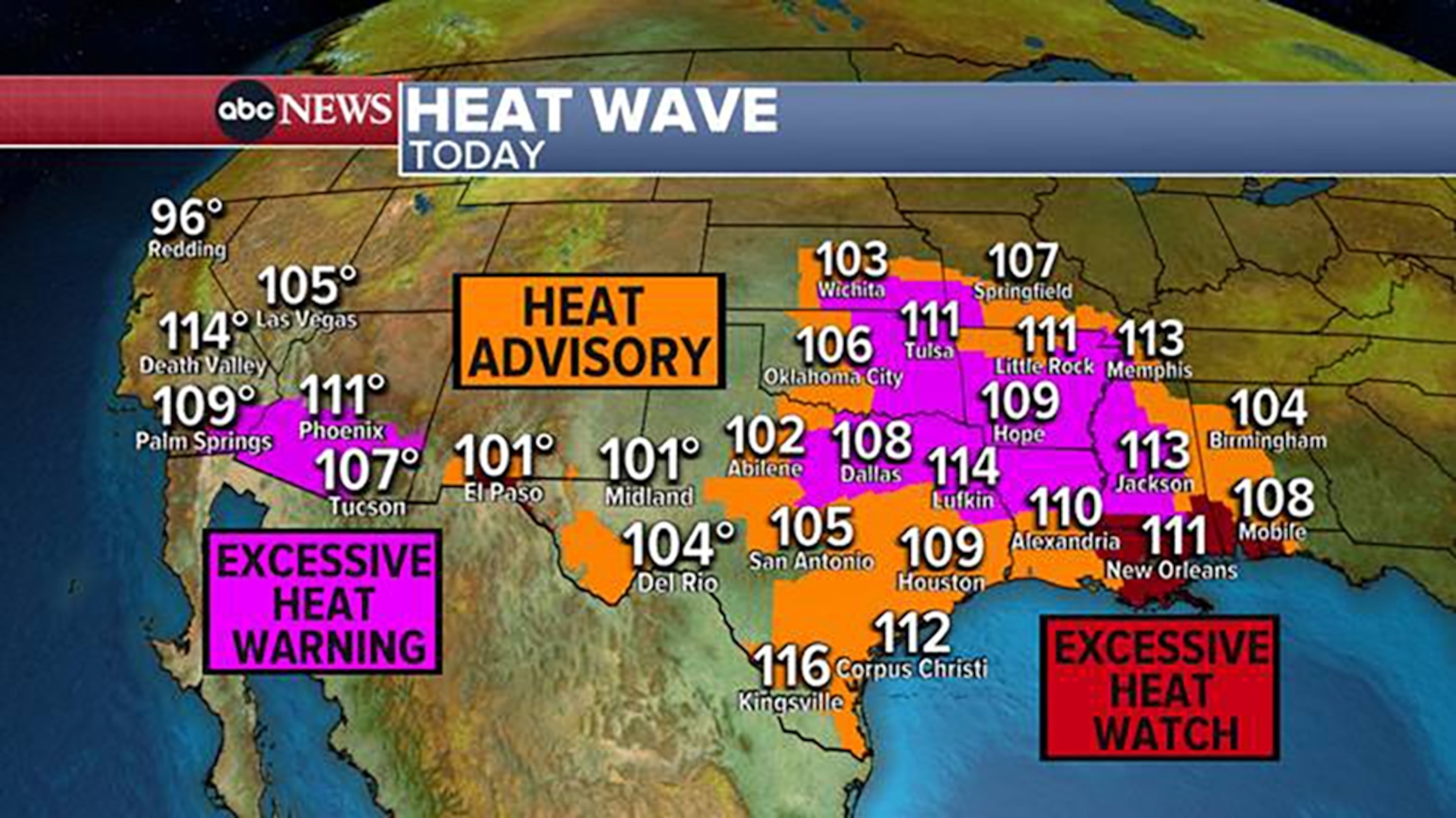 PHOTO: A weather map shows the forecast for a hight temperatures in the southern U.S. from Palm Springs, Calif., to Mobile, Ala., Aug. 3, 2023.