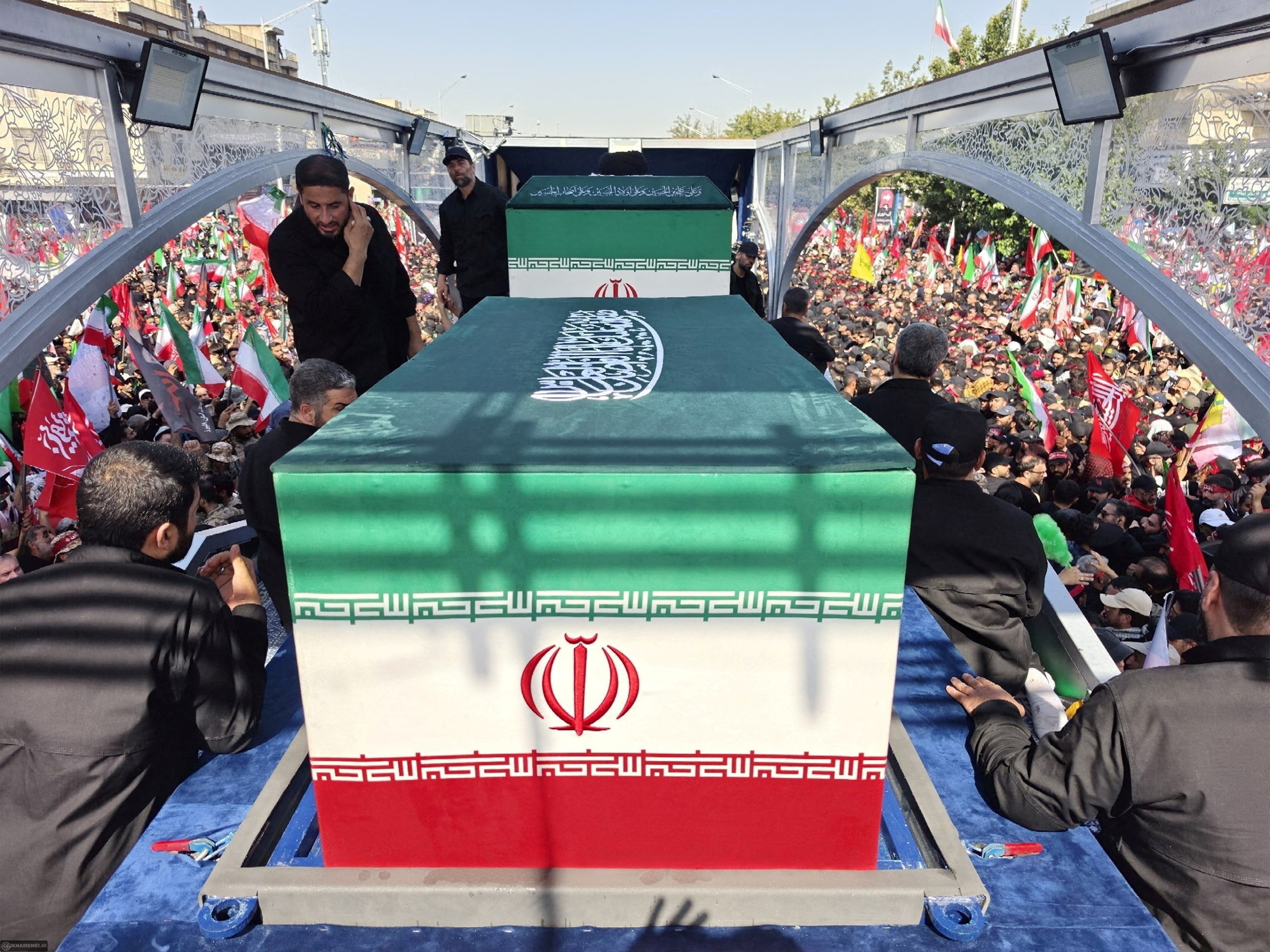PHOTO: A vehicle carrying coffins of Iran's late Supreme Leader Ayatollah Ali Khamenei and his family members, makes its way as people attend a funeral procession for Khamenei, who was killed on February 28,  in Tehran, Iran July 6, 2026. 