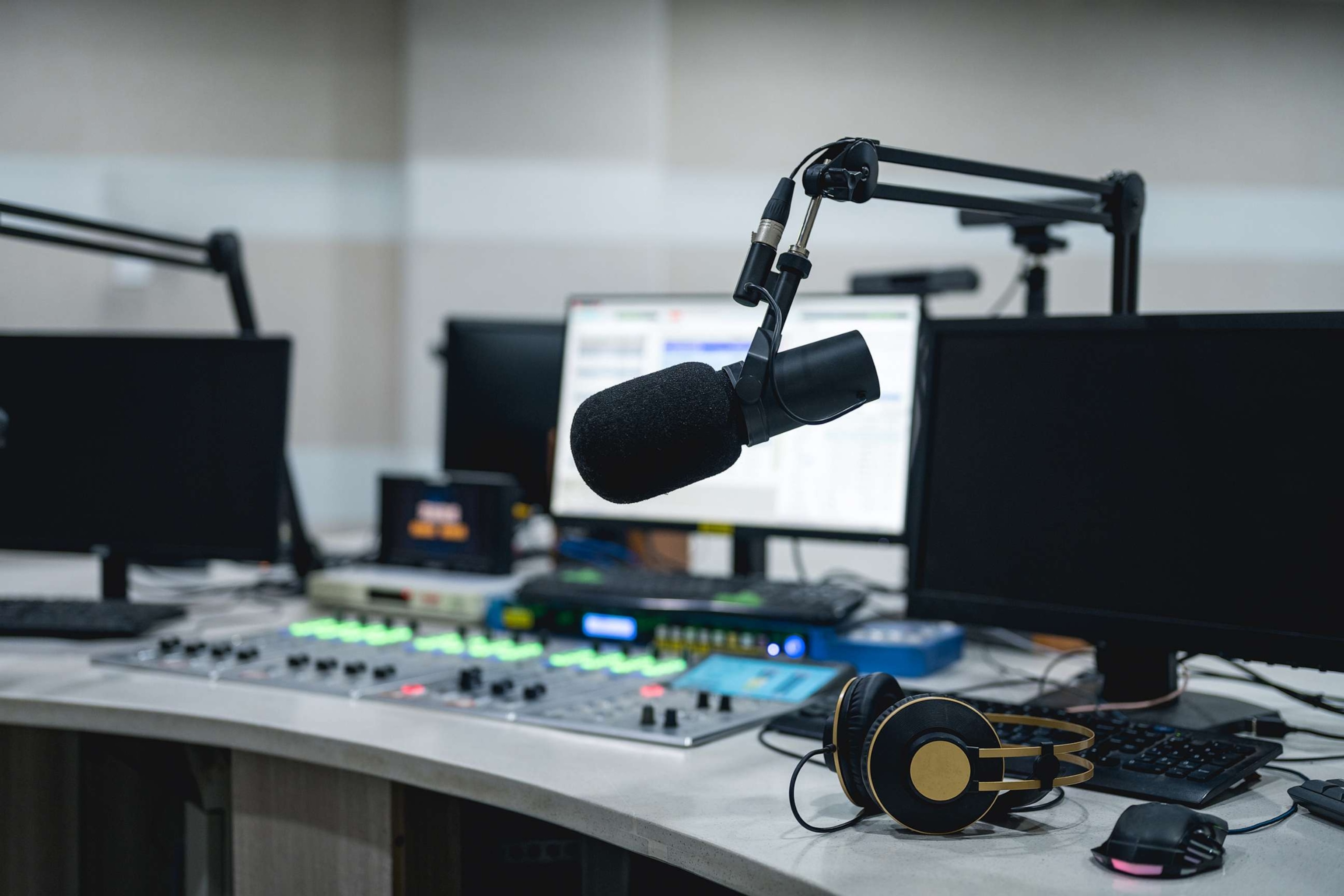 PHOTO: In an undated stock photo, media equipment is shown in the live room of a radio station.