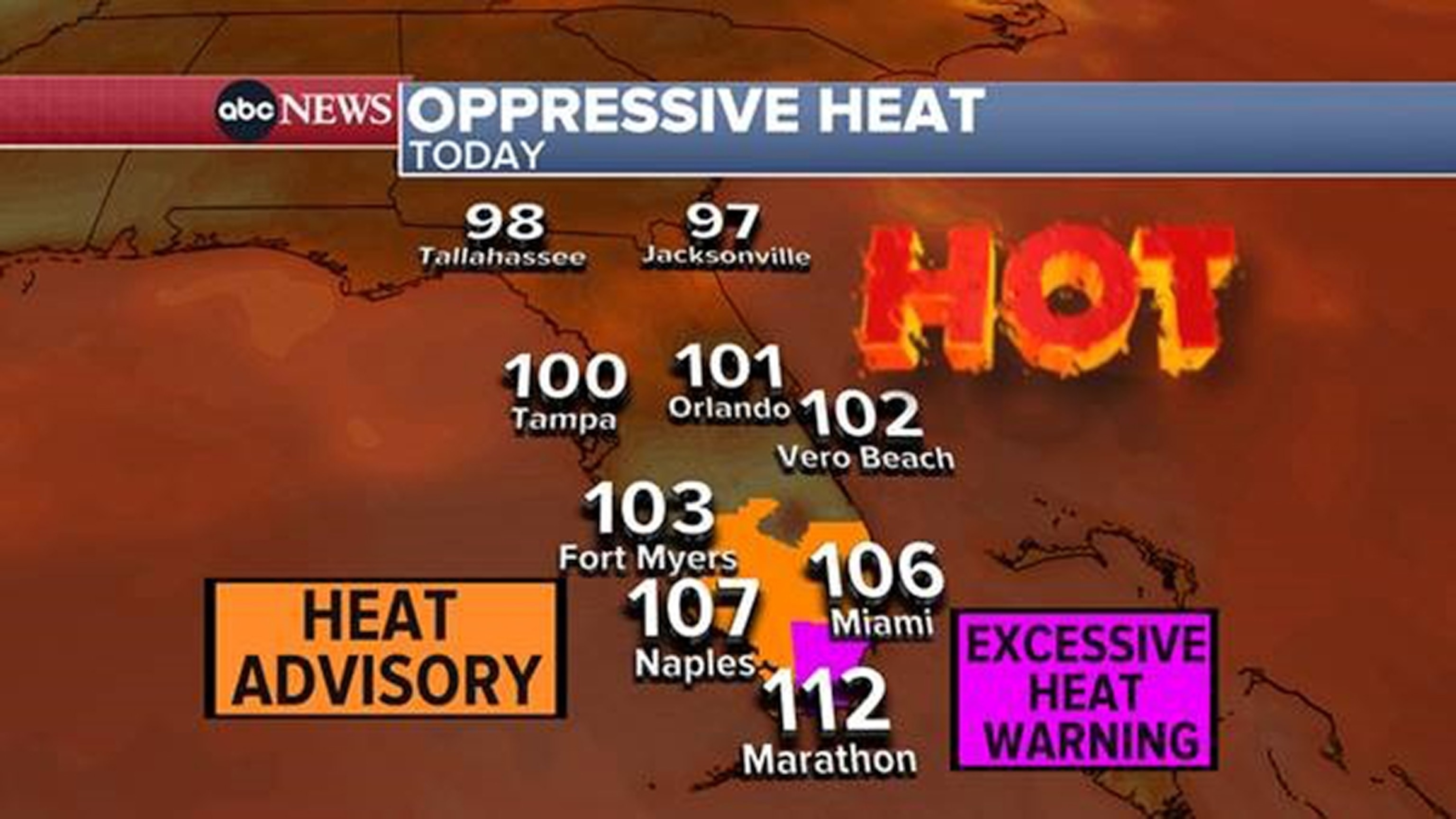 PHOTO: Heat index values are expected to be at or above 100 degrees Fahrenheit from Texas to Florida on July 24, 2023.