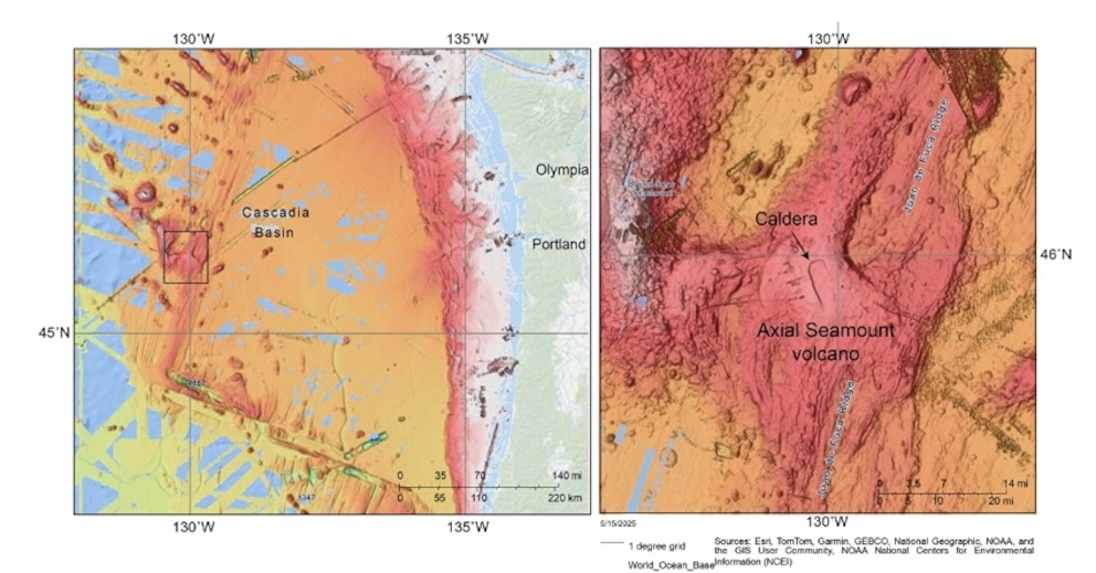 PHOTO: These bathymetric maps, created with data from NOAA's National Centers for Environmental Information (NCEI), show the location of Axial Seamount, and a detailed bathymetric view of Axial's edifice and caldera (central crater). 