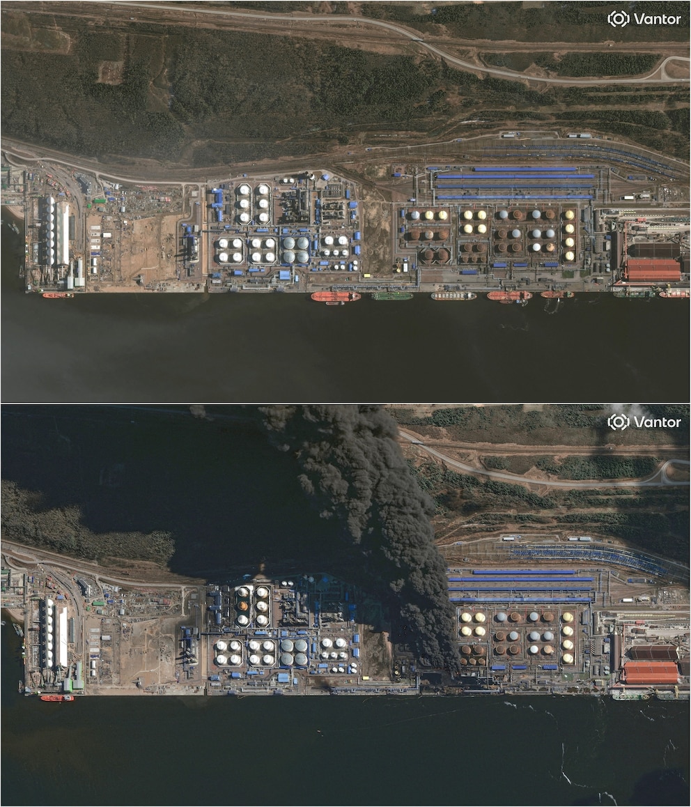 PHOTO: A satellite combination image shows Russia's Baltic port of Ust-Luga, in Ust-Luga, Leningrad Oblast, on March 21, 2026, and March 27, 2026.