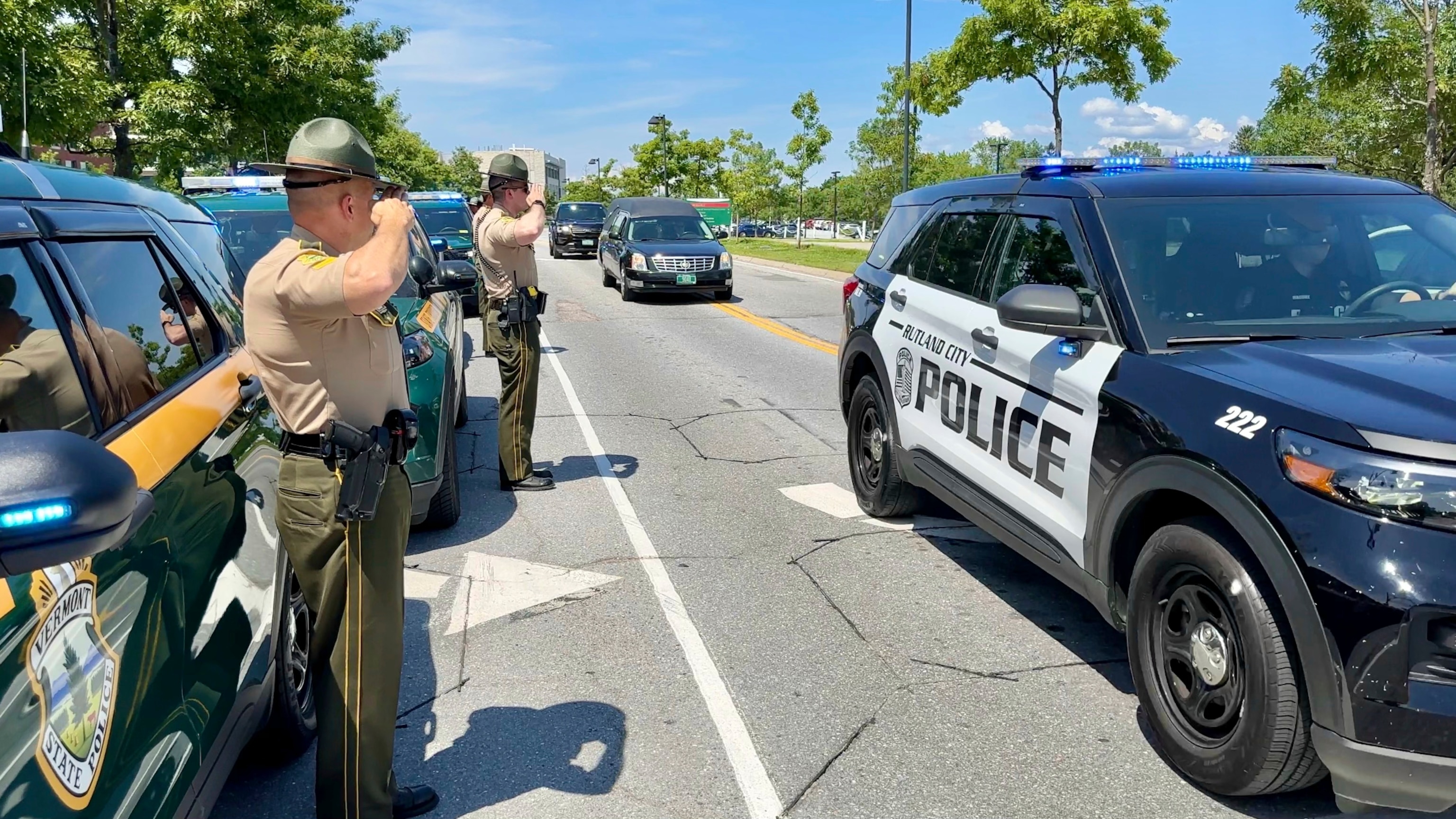 PHOTO: This photo provided by Vermont State Police shows nearly three dozen Vermont law enforcement officers and first responders on Saturday, July 8, 2023 escorting Rutland City Police Officer Jessica Ebbighausen's body, state police say.