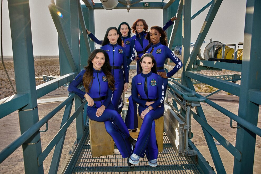 PHOTO: A handout photo published on April 14, 2025, on the X account of Blue Origin, shows the members of an all-woman sub-orbital mission aboard the New Shepard rocket. 