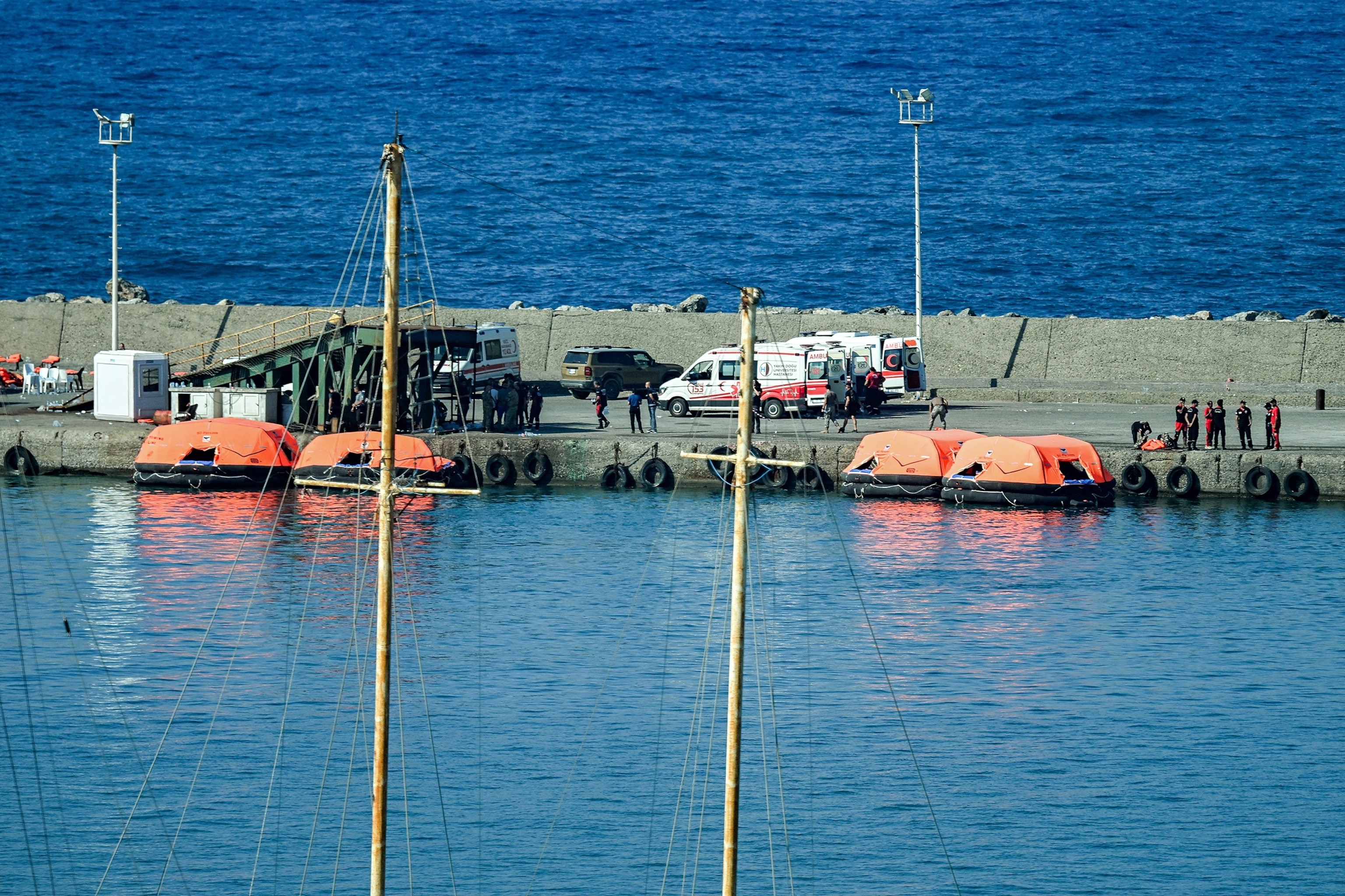PHOTO: First responders gather at the port of Kyrenia in the self-proclaimed Turkish Republic of Northern Cyprus (TRNC), recognised only by Turkey, in the north of the divided Mediterranean island of Cyprus on August 30, 2026.