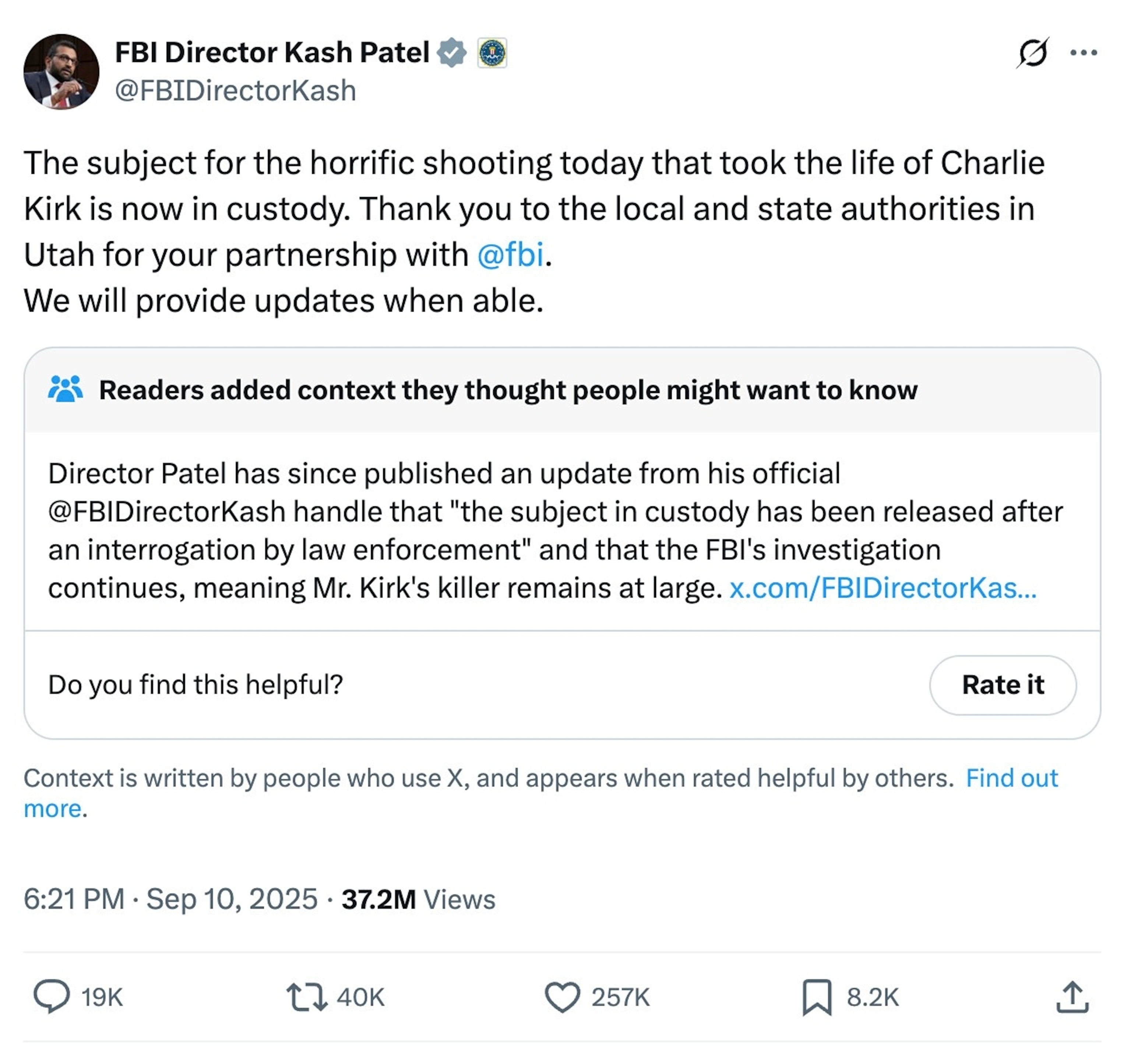 PHOTO: a post about Charlie Kirk by Kash Patel