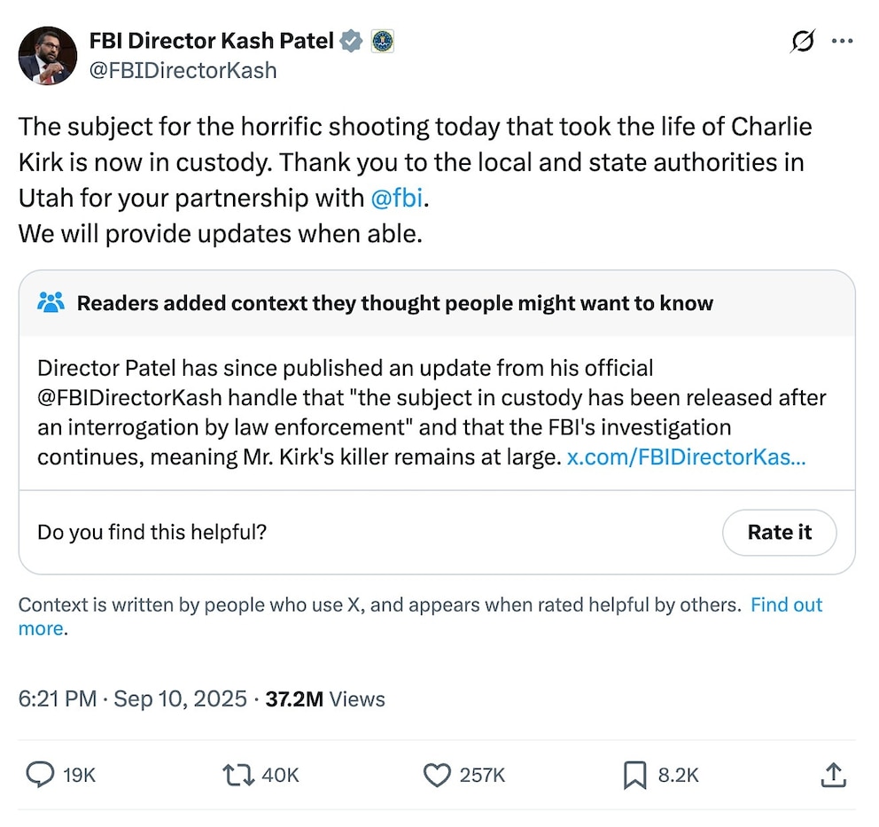 PHOTO: a post about Charlie Kirk by Kash Patel