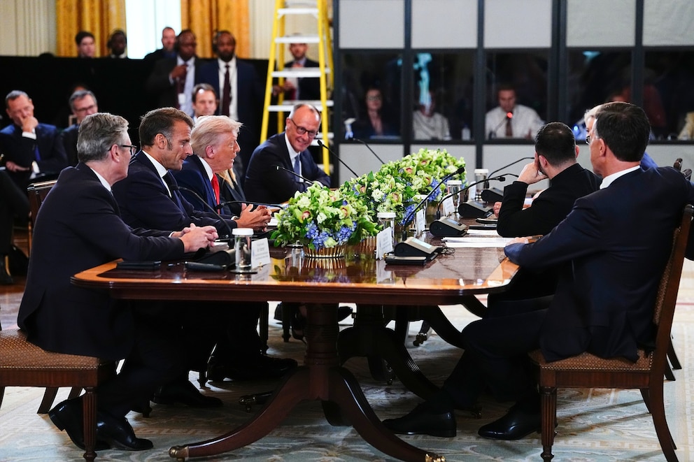 PHOTO: President Donald Trump during a meeting with Ukrainian President Volodymyr Zelenskyy and European leaders at the White House in Washington, Aug. 18, 2025. 