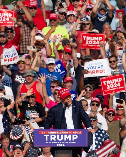 Former President and Republican presidential candidate Donald Trump speaks during a campaign event at Butler Farm Show Inc. in Butler, Pennsylvania, July 13, 2024.