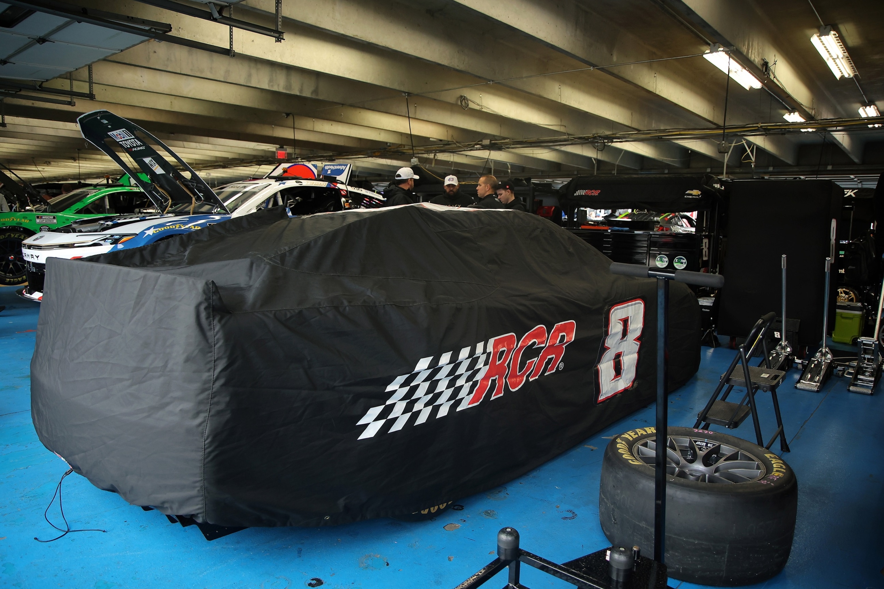PHOTO: The car that will be driven by Austin Hill after the passing of Kyle Busch, sits covered in the garage area prior to practice for the NASCAR Cup Series Coca-Cola 600 at Charlotte Motor Speedway, on May 23, 2026, in Concord, North Carolina. 