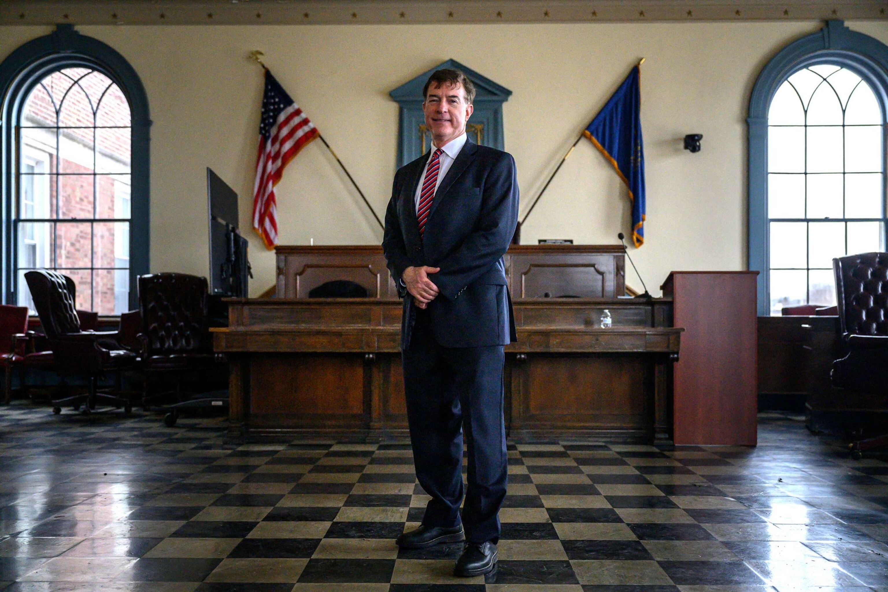 PHOTO: In this March 17, 2023, file hoto, Republican 2024 presidential hopeful Steve Laffey poses for a photo at the council chambers in Cranston, Rhode Island.