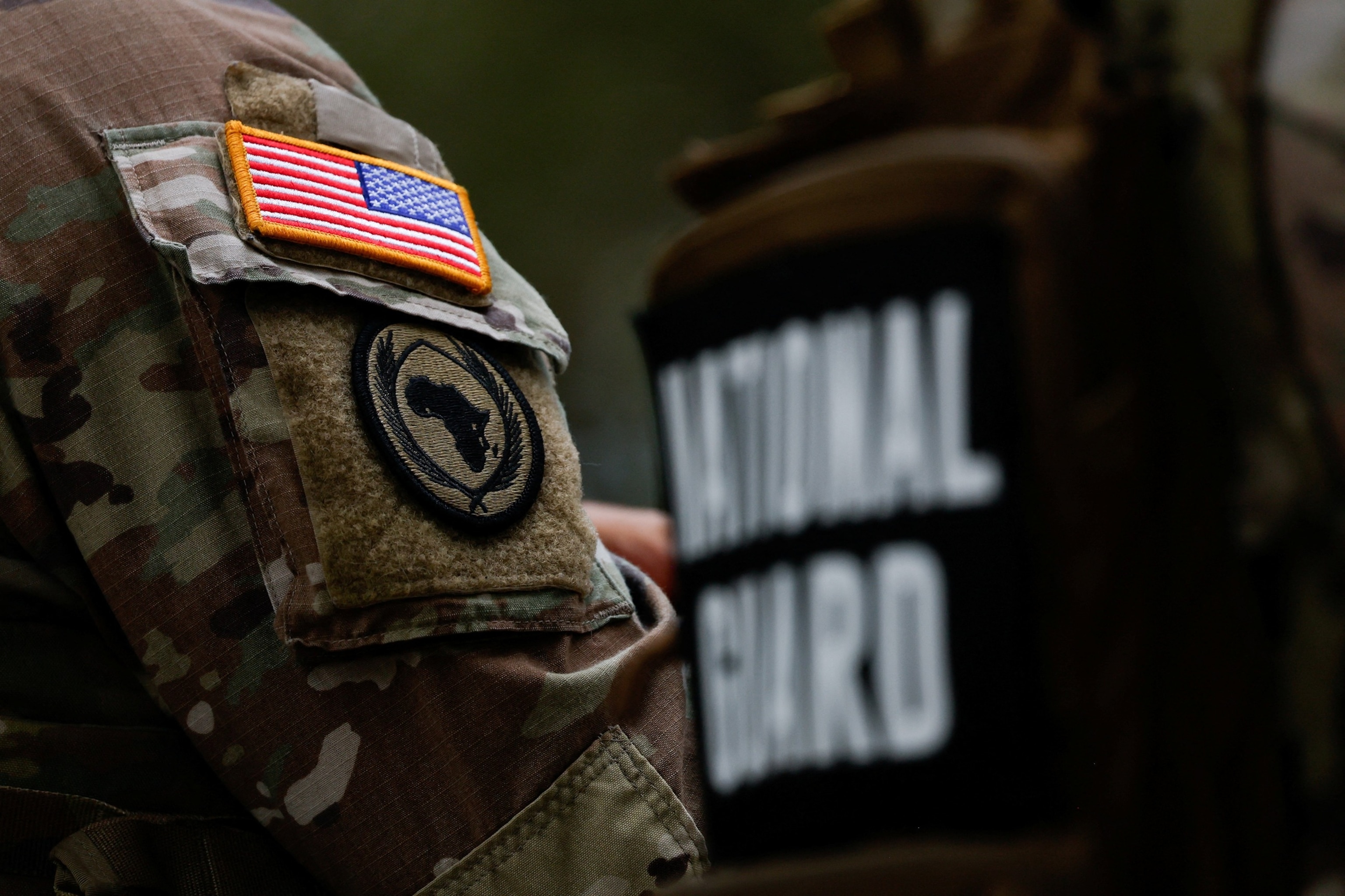 PHOTO: A U.S. National Guard member wears a patch with a U.S. flag, during a patrol on the National Mall in Washington, September 4, 2025.
