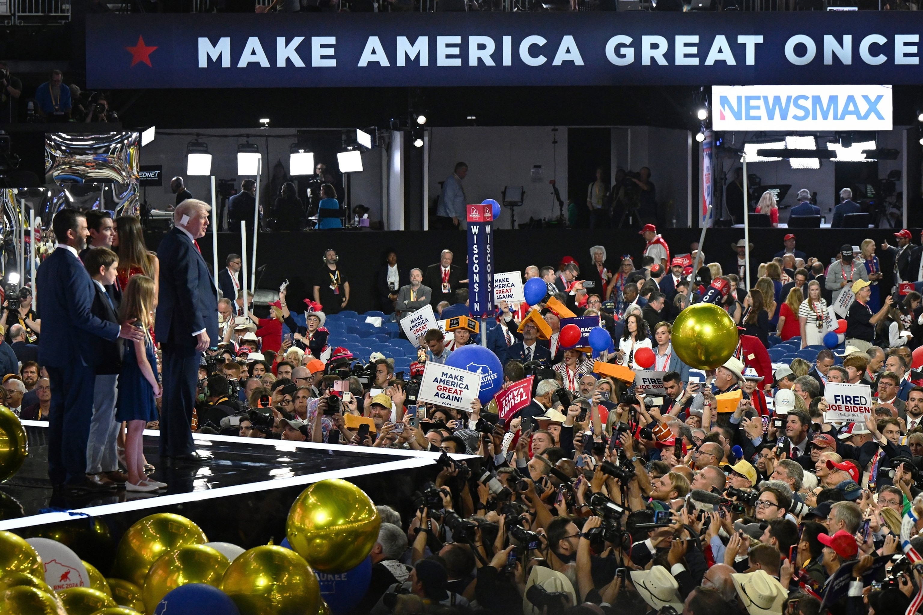 PHOTO: In this July 18, 2024, file photo, former President Donald Trump and members of the Trump family look on after Trump officially accepted the Republican presidential nomination on the fourth day of the RNC in Milwaukee, Wisconsin. 