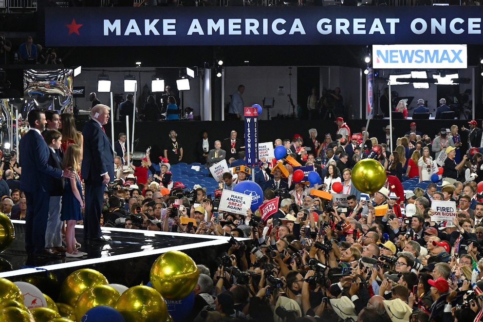 PHOTO: In this July 18, 2024, file photo, former President Donald Trump and members of the Trump family look on after Trump officially accepted the Republican presidential nomination on the fourth day of the RNC in Milwaukee, Wisconsin.