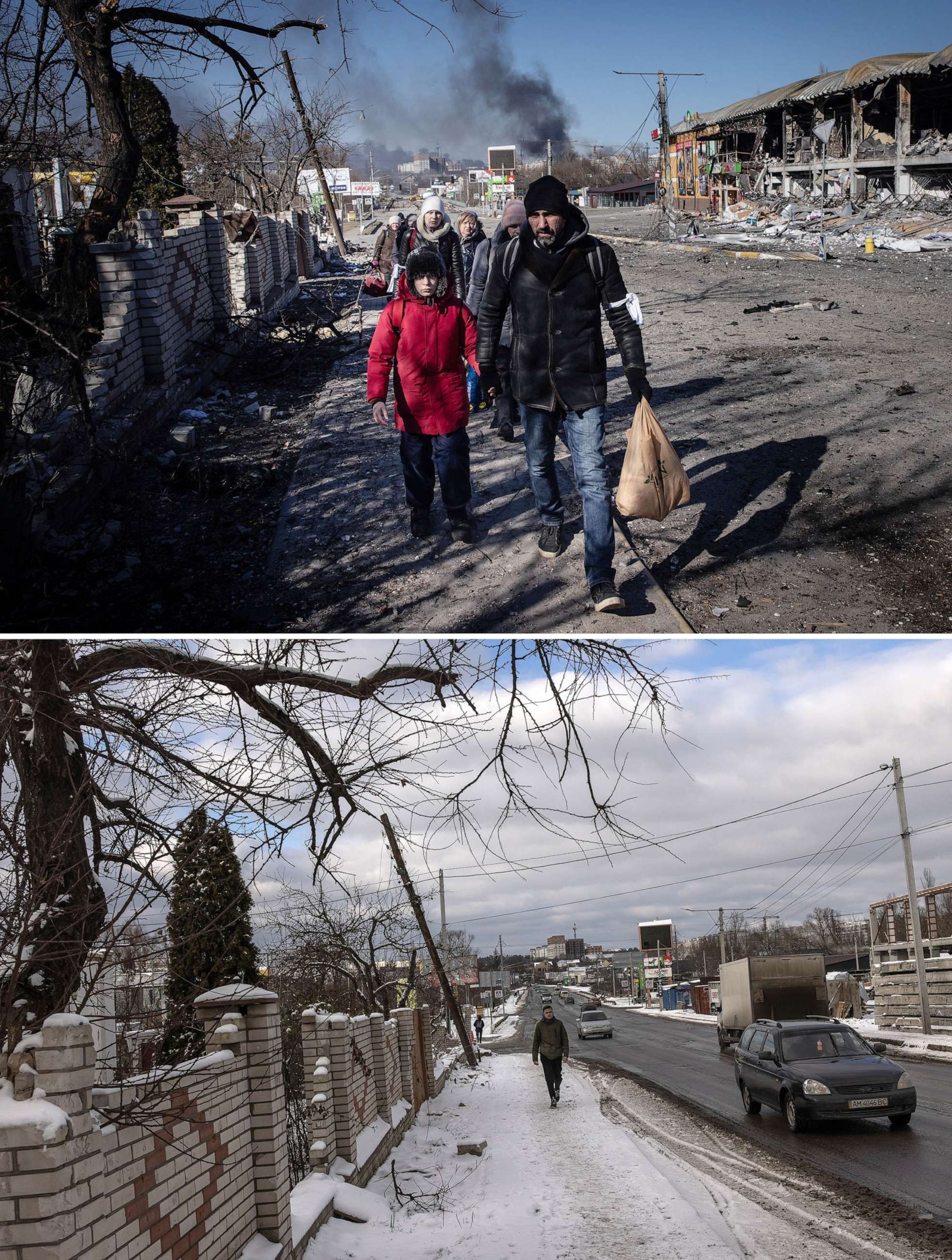 PHOTO: Top image shows people walk amid destruction as they evacuate from a contested frontline area between Bucha and Irpin, March 10, 2022 in Irpin, Ukraine. Bottom image shows a street scene, Feb. 7, 2023 in Irpin, Ukraine.