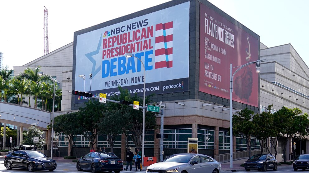 A billboard announcing the third Republican presidential debate in Miami is shown, Tuesday, Nov. 7, 2023, in downtown Miami. Five hopefuls will participate in the debate at the Adrienne Arsht Center for the Performing Arts of Miami-Dade County, according to the Republican National Committee. They are Florida Gov. Ron DeSantis, businessman Vivek Ramaswamy, former U.N. Ambassador Nikki Haley, Sen. Tim Scott, R-S.C., and former New Jersey Gov. Chris Christie. (AP Photo/Wilfredo Lee)