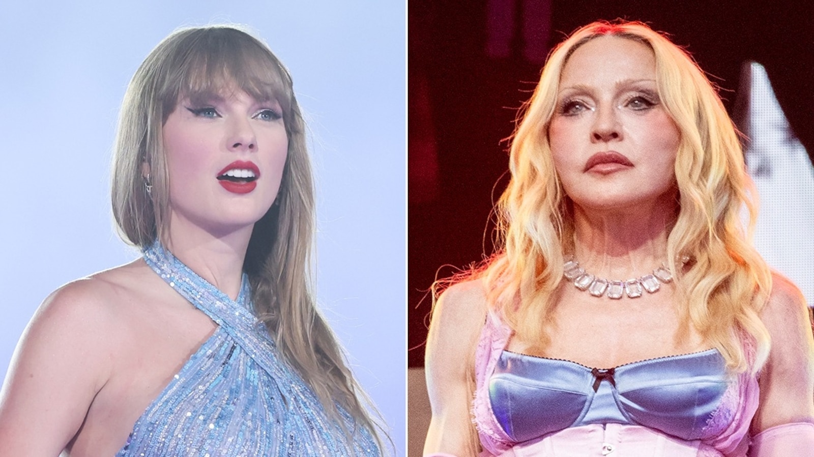 Taylor Swift performs at Friends Arena, May 17, 2024, in Stockholm. Madonna performs during a surprise concert in Times Square, June 4, 2026, in New York.