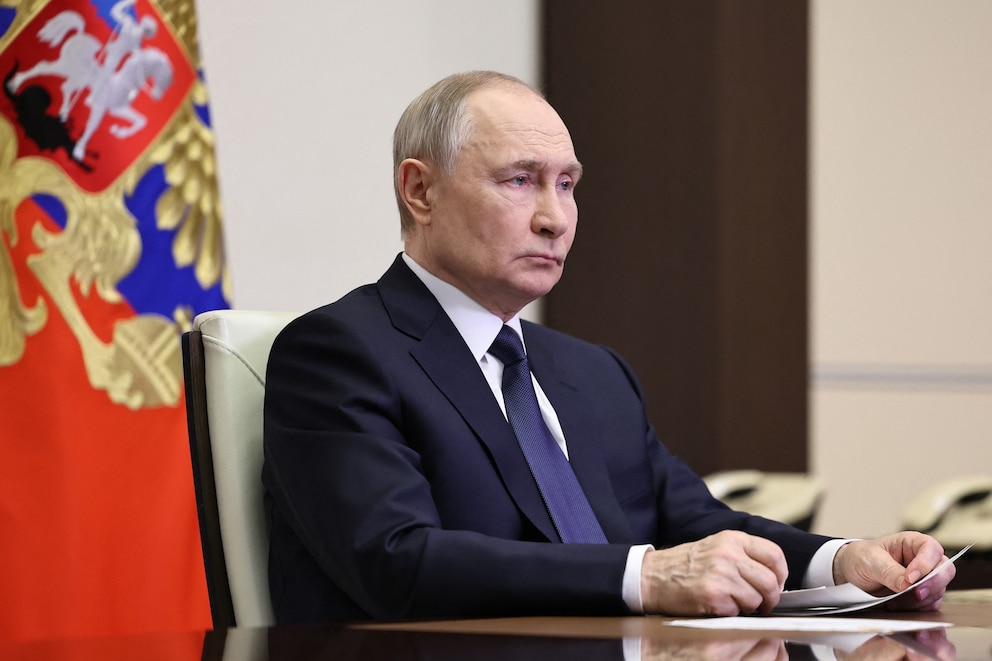 PHOTO: In this pool photograph distributed by Russian state agency Sputnik, Russia's President Vladimir Putin attends a meeting at the Novo-Ogaryovo state residence outside Moscow on April 26, 2025.