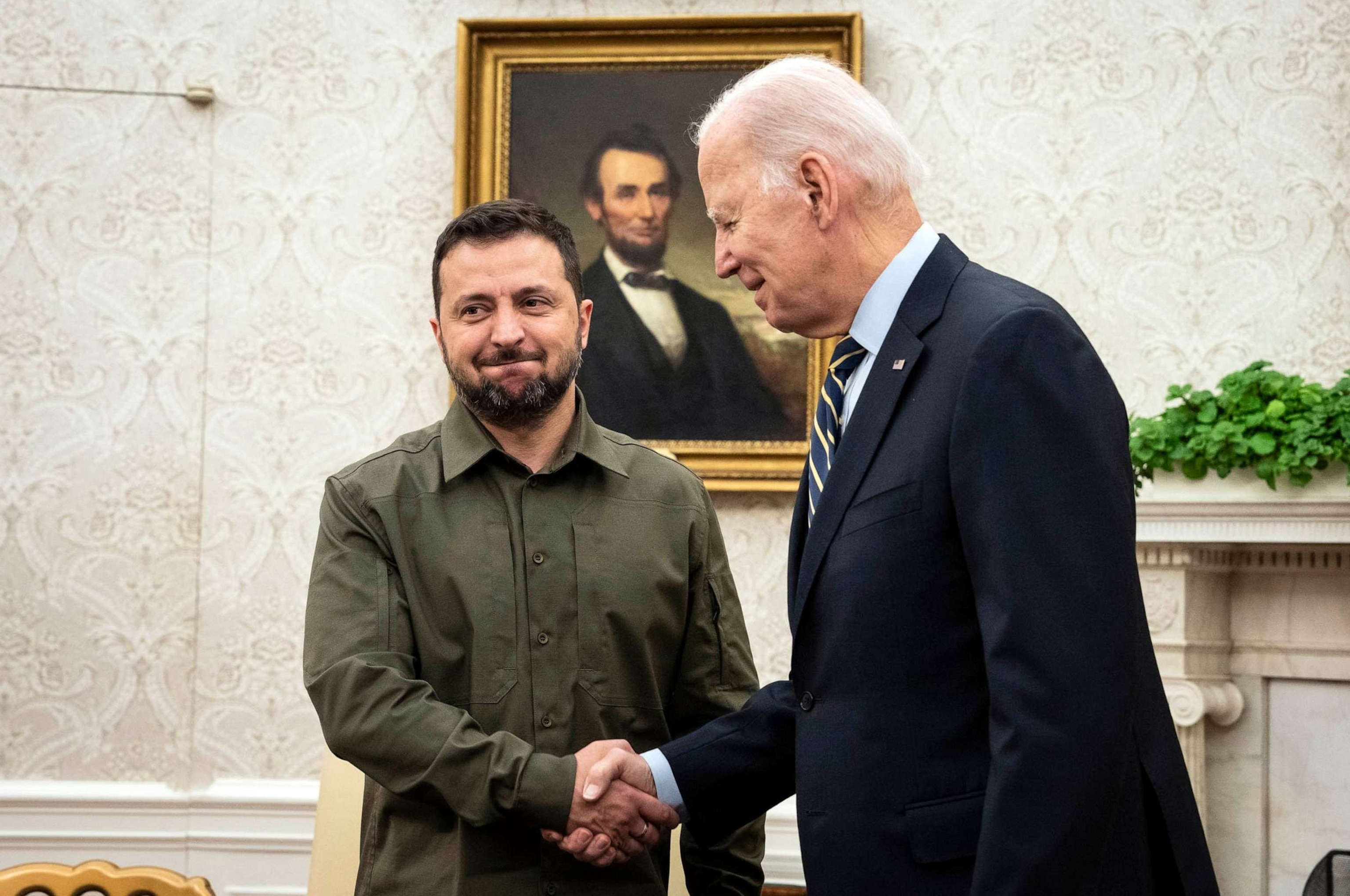 PHOTO: President Joe Biden shakes hands with President of Ukraine Volodymyr Zelensky while welcoming him to the Oval Office at the White House, Sept. 21, 2023 in Washington, DC.