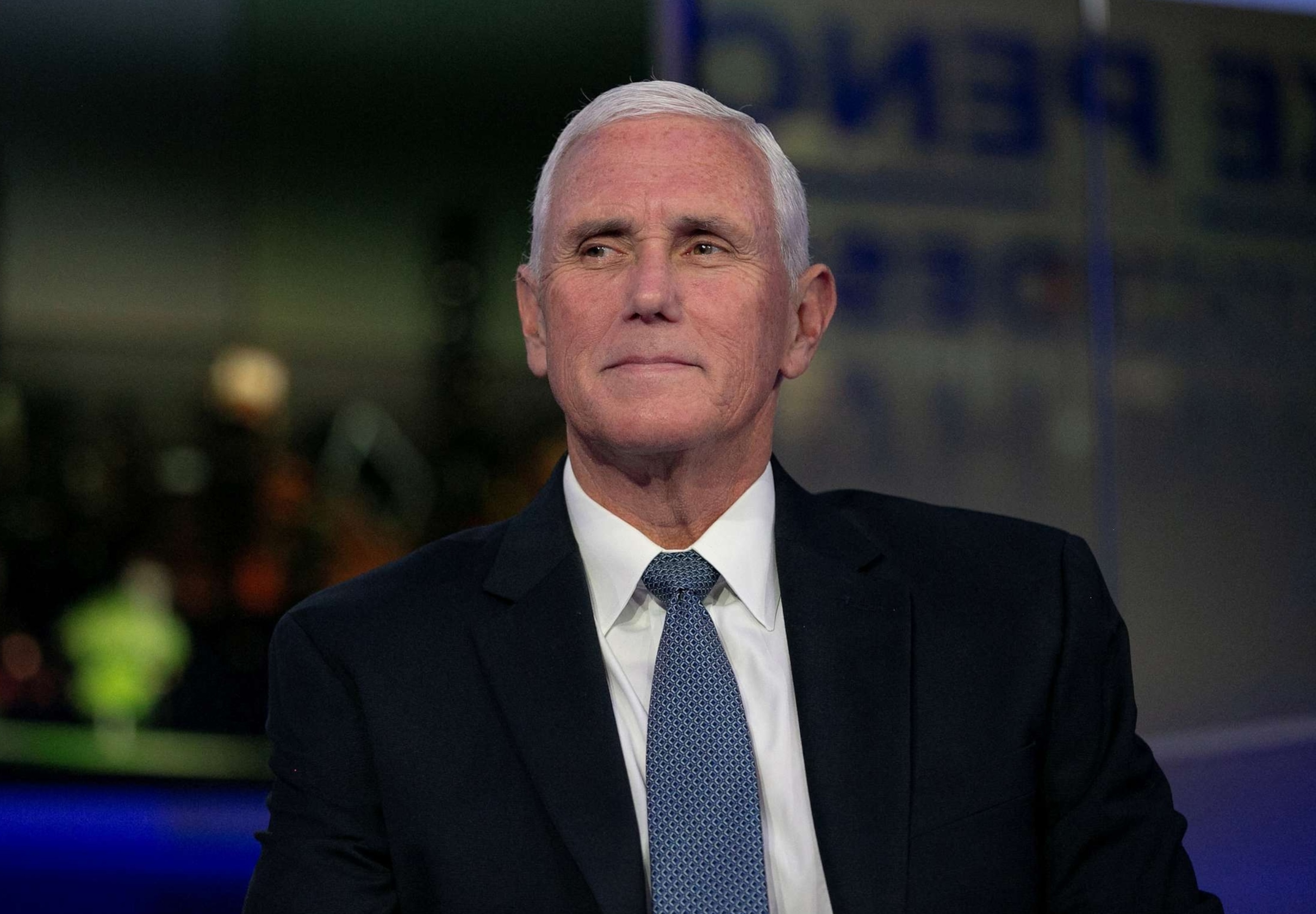 PHOTO: Republican presidential candidate and former U.S. Vice President Mike Pence sits down with NewsNation anchor Leland Vittert (not pictured) for a town hall event at NewsNation's headquarters in Chicago, September 13, 2023.