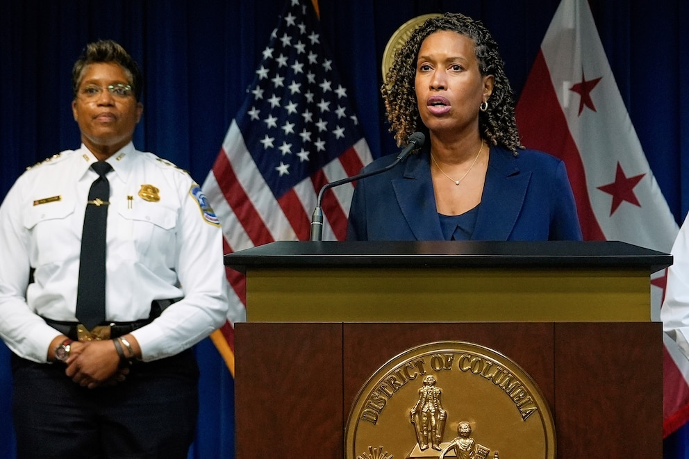 PHOTO: Washington, DC Mayor Muriel Bowser speaks at a press conference after President Donald Trump announced a federal takeover of the Metropolitan Police Department at the Wilson Building, August 11, 2025 in Washington.