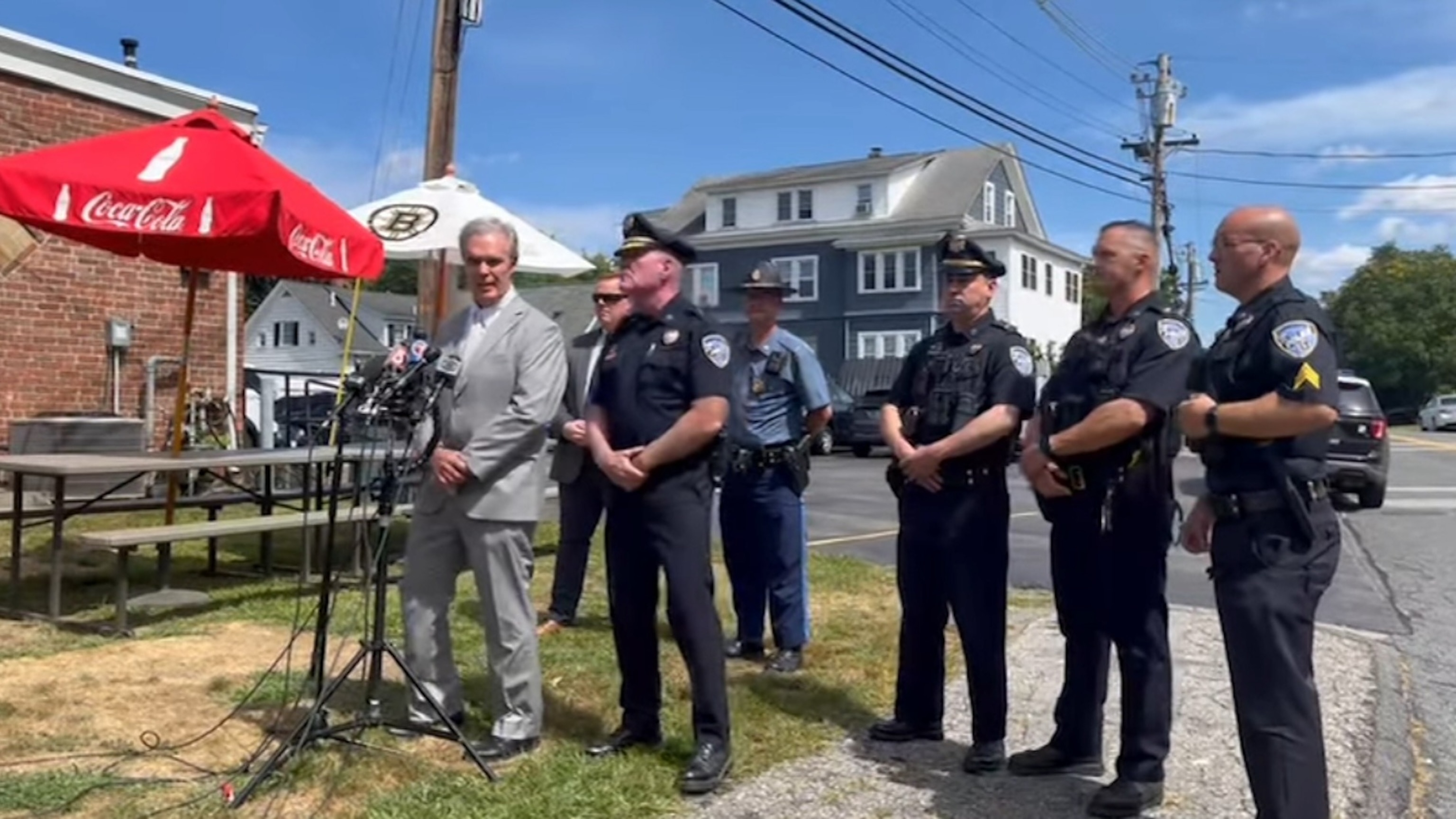 PHOTO: Worcester County District Attorney Joseph D. Early Jr. and Shrewsbury Police Chief Kevin Anderson brief reporters on a fatal shooting in Shrewsbury, Massachusetts, Aug. 28, 2025.