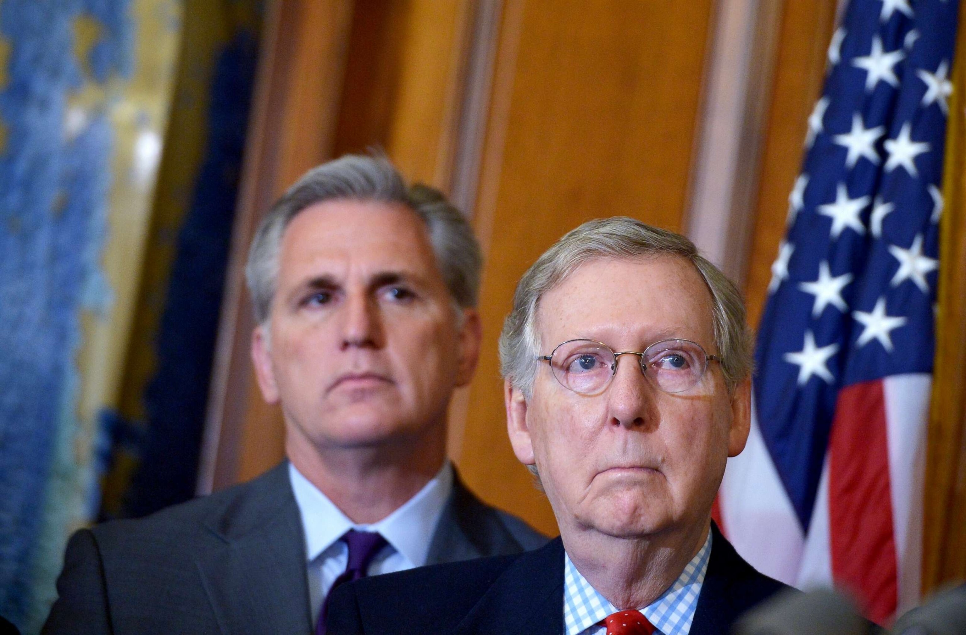 PHOTO: Mitch McConnell stands next Kevin McCarthy during a signing ceremony for the Keystone XL Pipeline Approval Act on February 13, 2015 in Washington, DC.