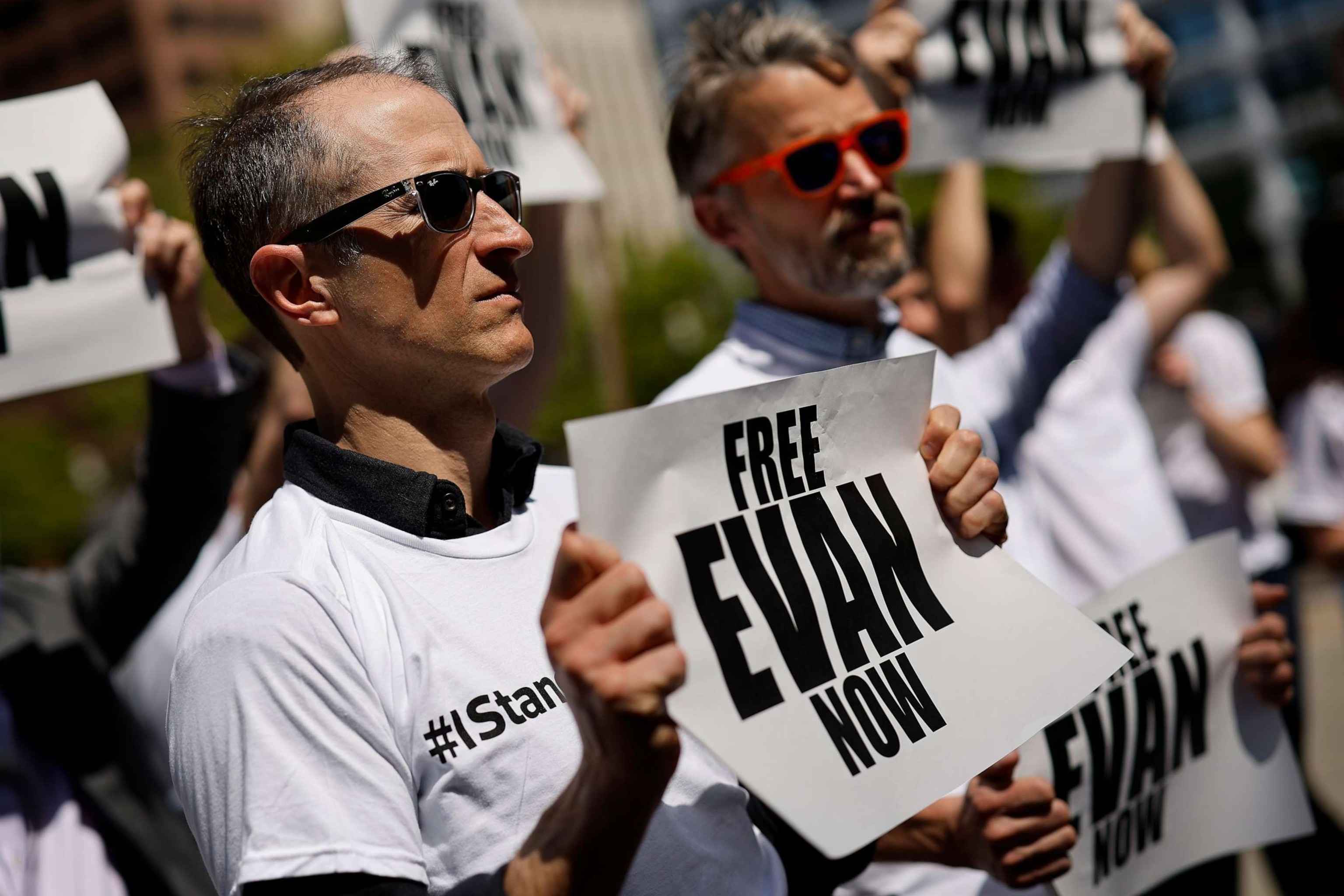 PHOTO: Journalists and members of the Independent Association of Publishers' Employees a rally to call for release of Wall Street Journal reporter Evan Gershkovich on April 12, 2023, in Washington, D.C.