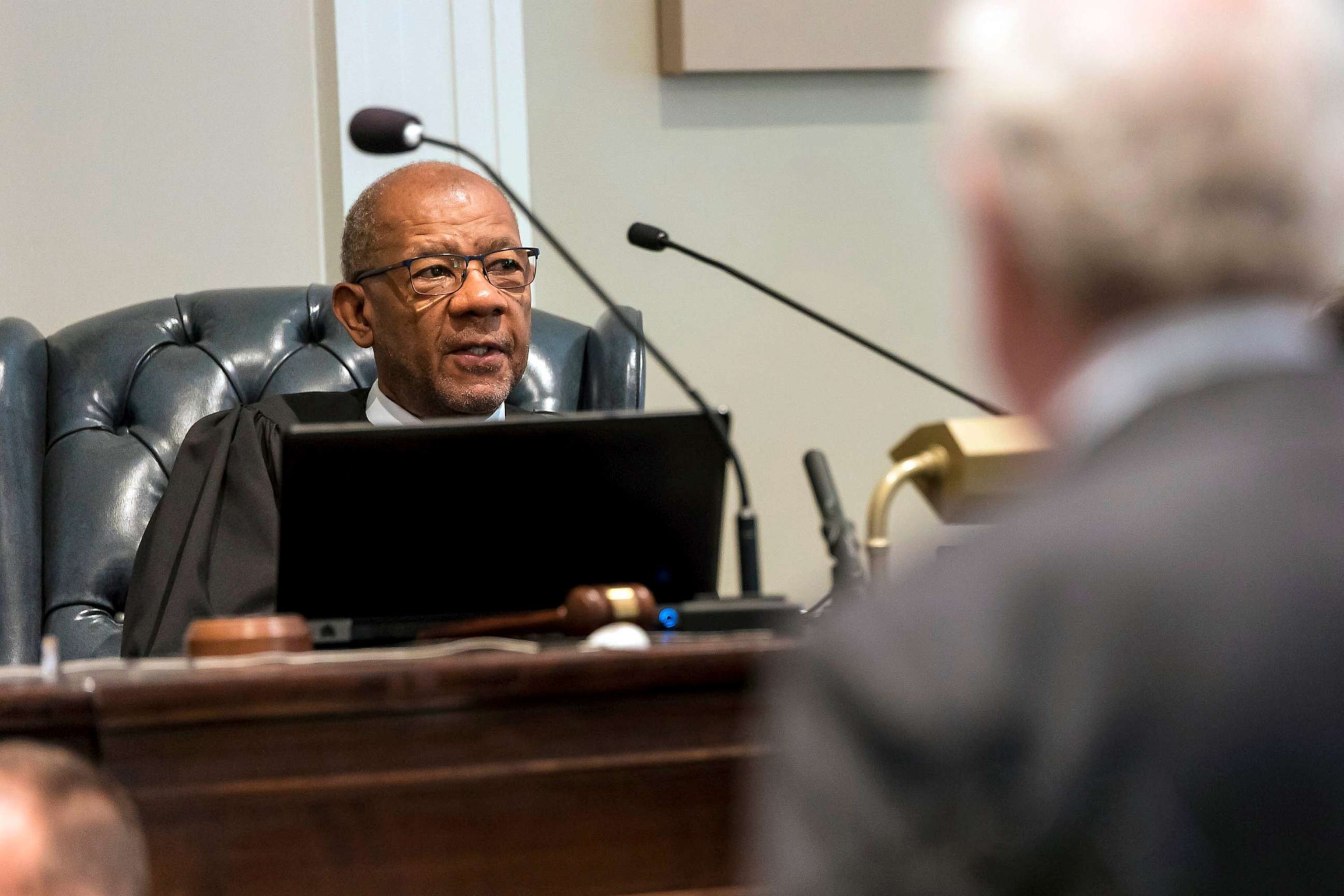 PHOTO: FILE - Judge Clifton Newman rules on an objection by defense attorney Dick Harpootlian, foreground, during Alex Murdaugh's double murder trial at the Colleton County Courthouse in Walterboro, S.C., Feb. 27, 2023.