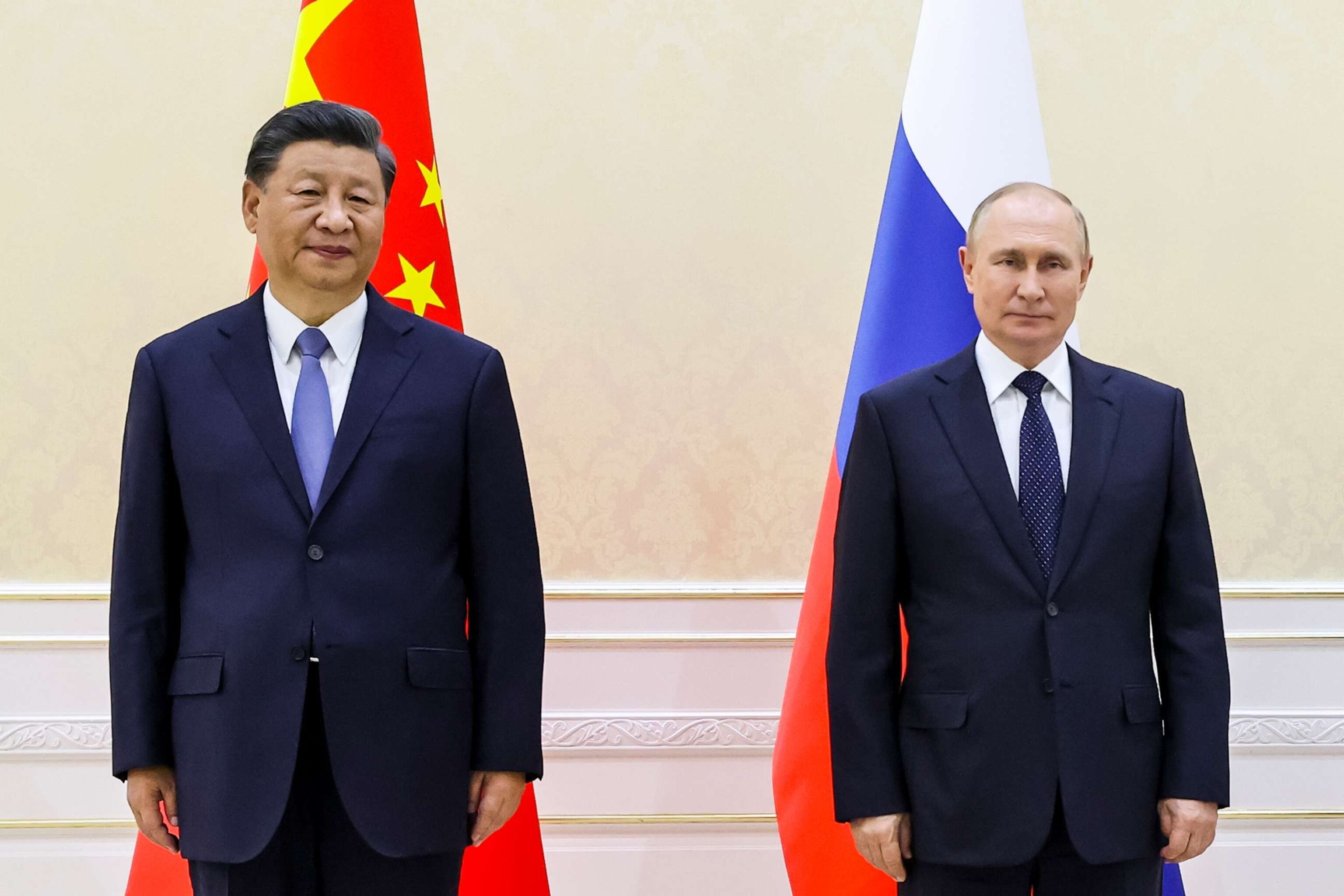 PHOTO: In this Sept. 15, 2022, file photo, Chinese President Xi Jinping and Russian President Vladimir Putin pose for a photo on the sidelines of the Shanghai Cooperation Organization summit in Samarkand, Uzbekistan.