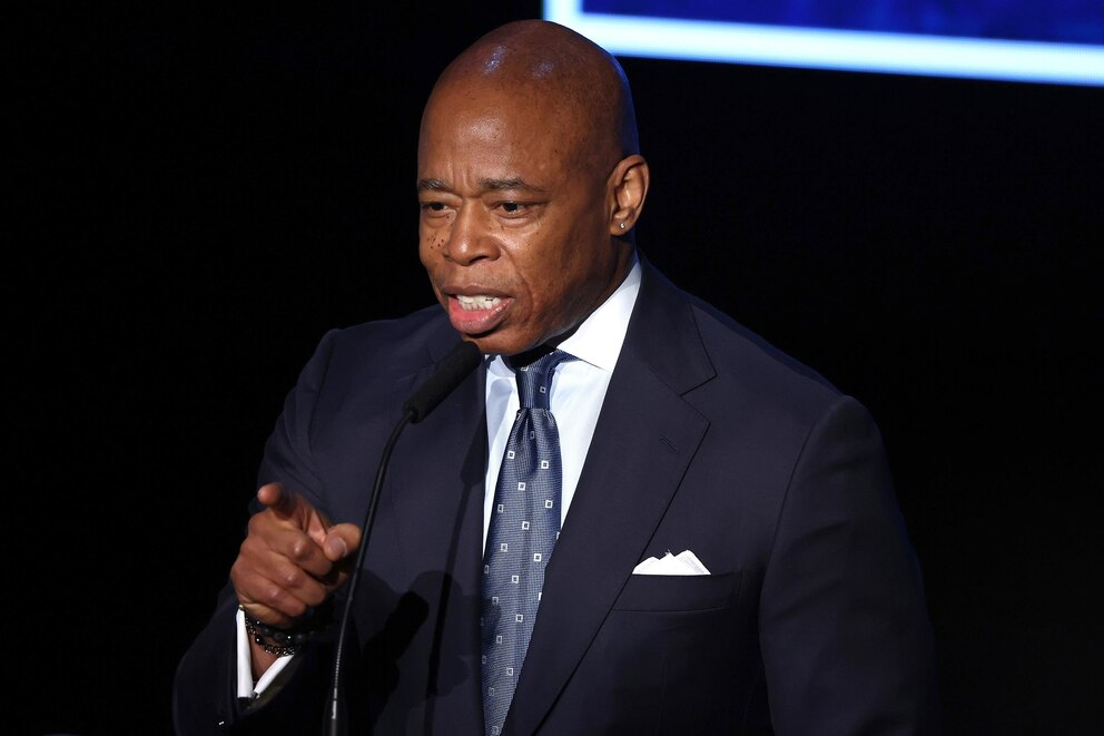 PHOTO: Mayor Eric Adams speaks during the State of the City address at the Apollo Theater,  on Jan. 9, 2025, in New York.