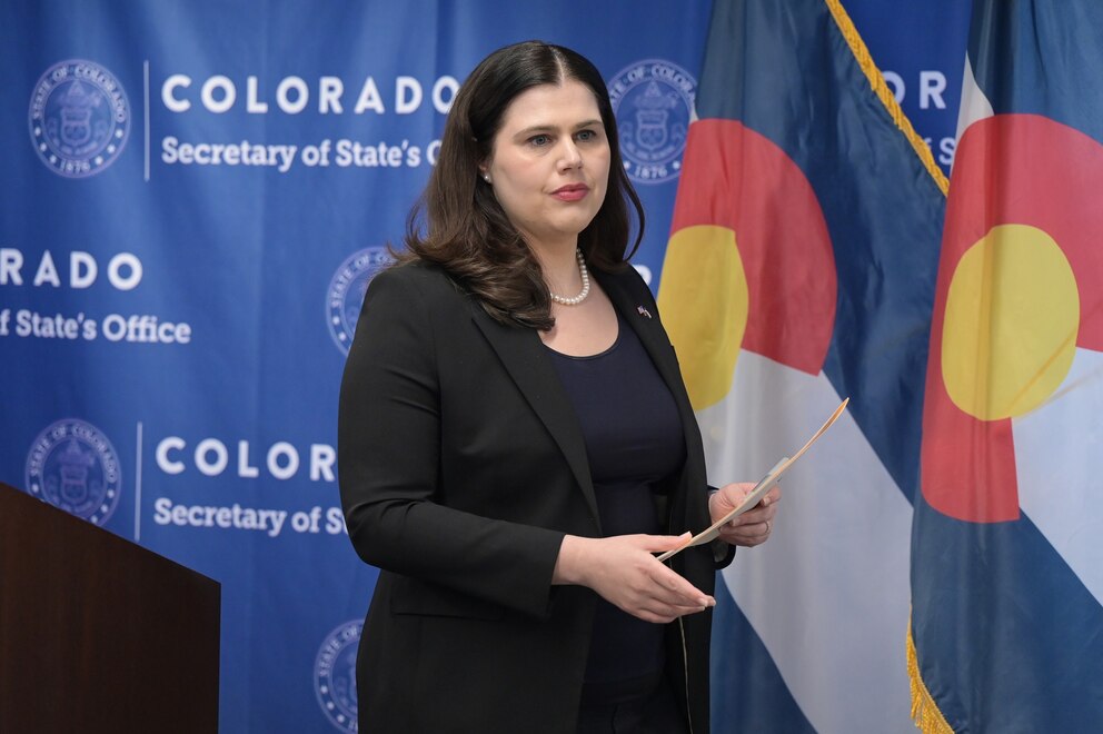 PHOTO: Colorado Secretary of State Jena Griswold holds a press conference at her office in Denver, Colorado,  October 24, 2024.