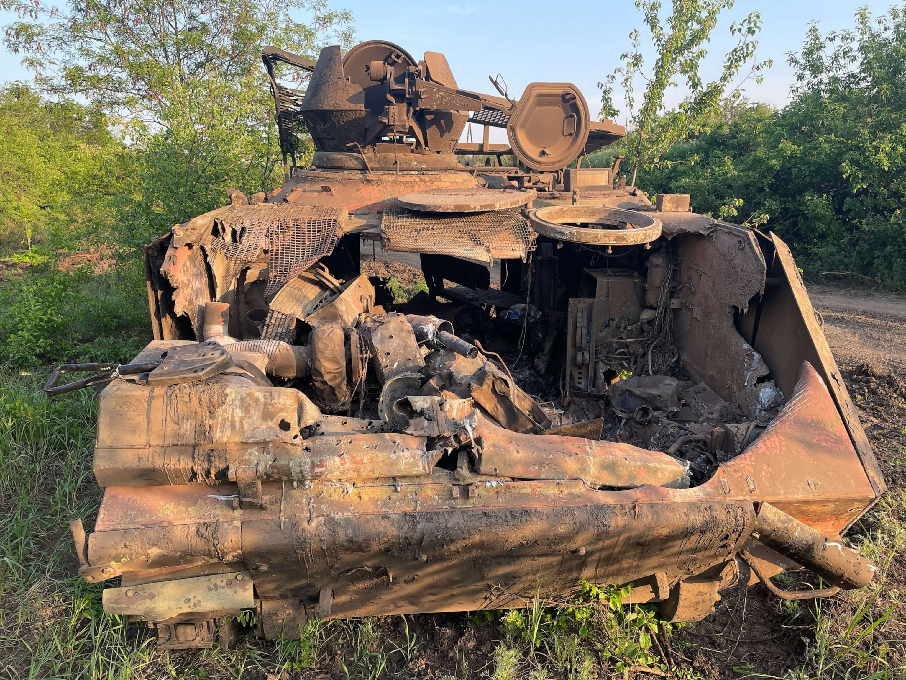 PHOTO:The Ukrainian army says both US-supplied M113 Armored personnel carriers were damaged during an offensive operation by the 1st Assault Battalion near Bakhmut on May 17 and May 18, 2023.