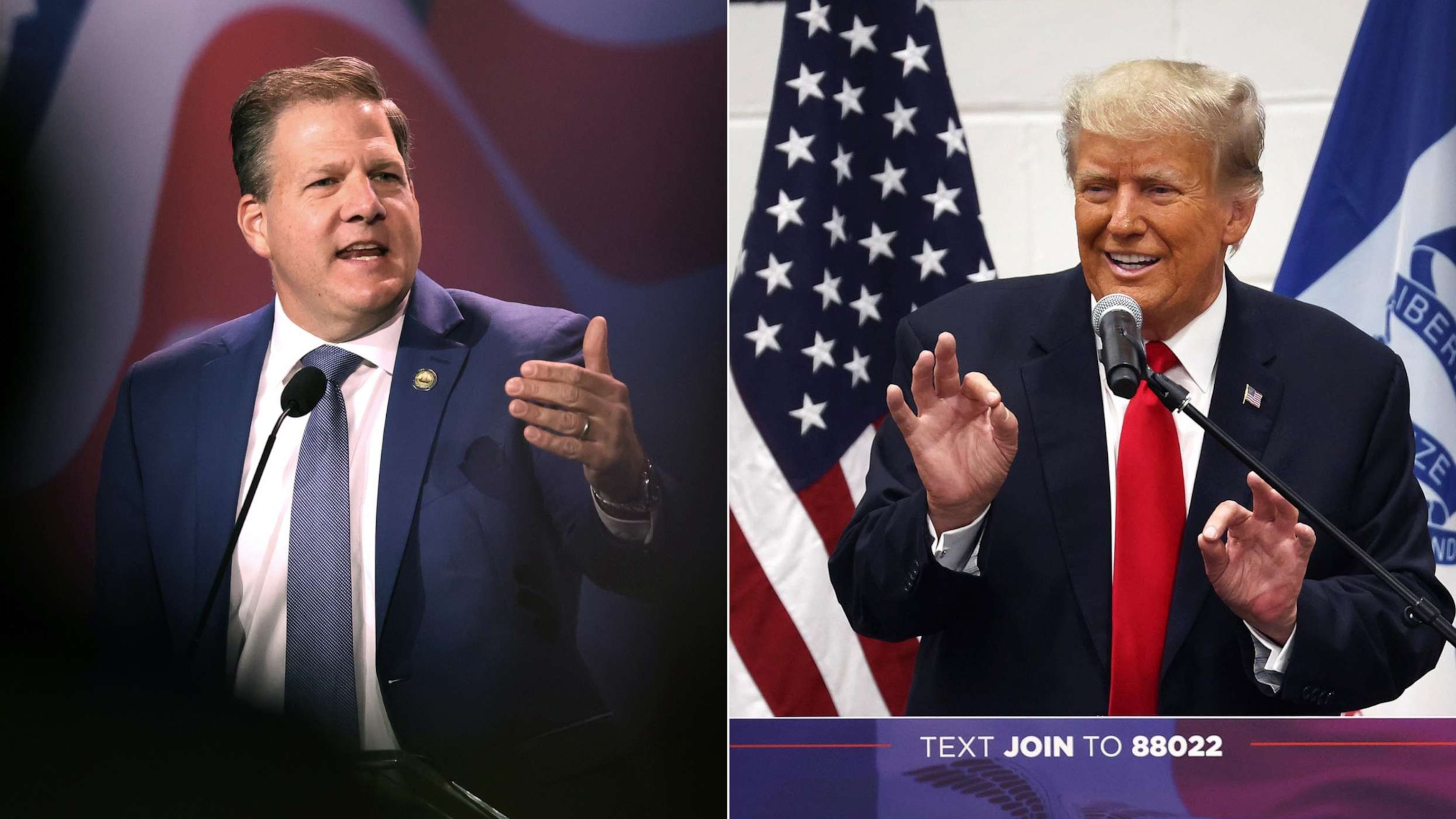 PHOTO: New Hampshire Gov. Chris Sununu speaks on Nov. 19, 2022 in Las Vegas; and former President Donald Trump greets supporters on June 1, 2023 in Grimes, Iowa.