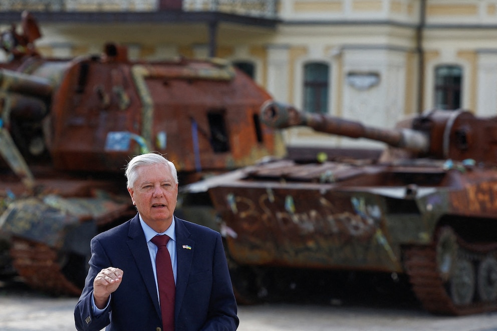 PHOTO: FILE PHOTO: U.S. Senator Lindsey Graham (R-SC) speaks to the media in Kyiv