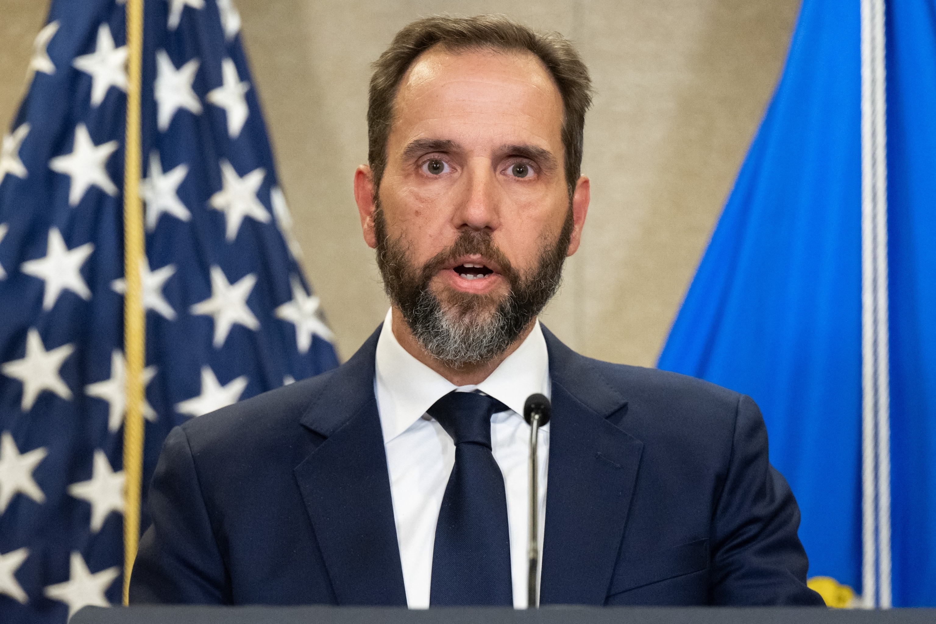 PHOTO: Special counsel Jack Smith speaks to members of the media at the US Department of Justice building in Washington, D.C., Aug. 1, 2023. 