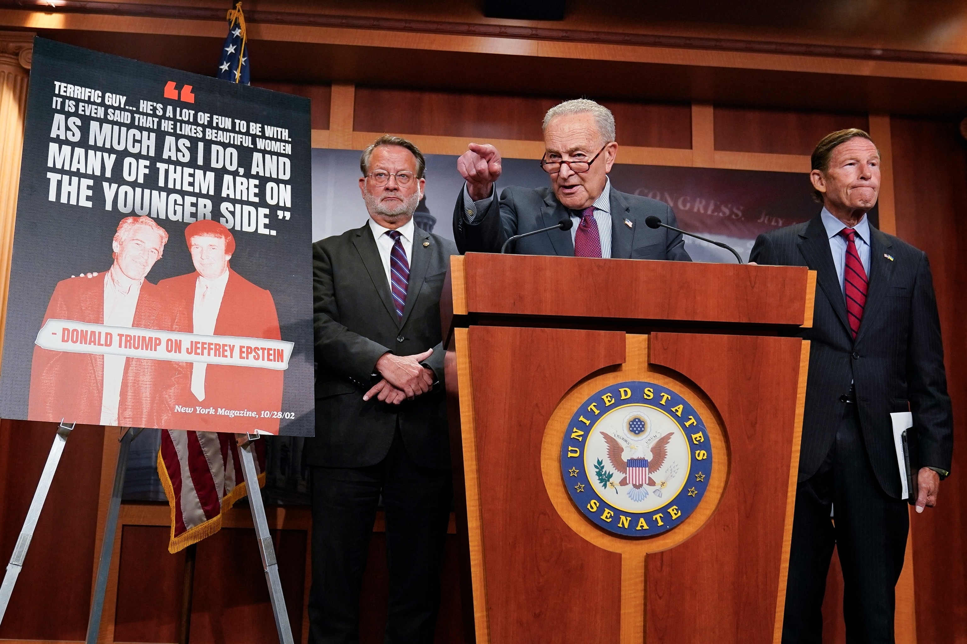 PHOTO: Senator Chuck Schumer, Gary Peters and Richard Blumenthal speaks during a news conference calling on the Trump administration to release further information on the Jeffrey Epstein case, at the US Capitol in Washington, DC, on July 30, 2025.