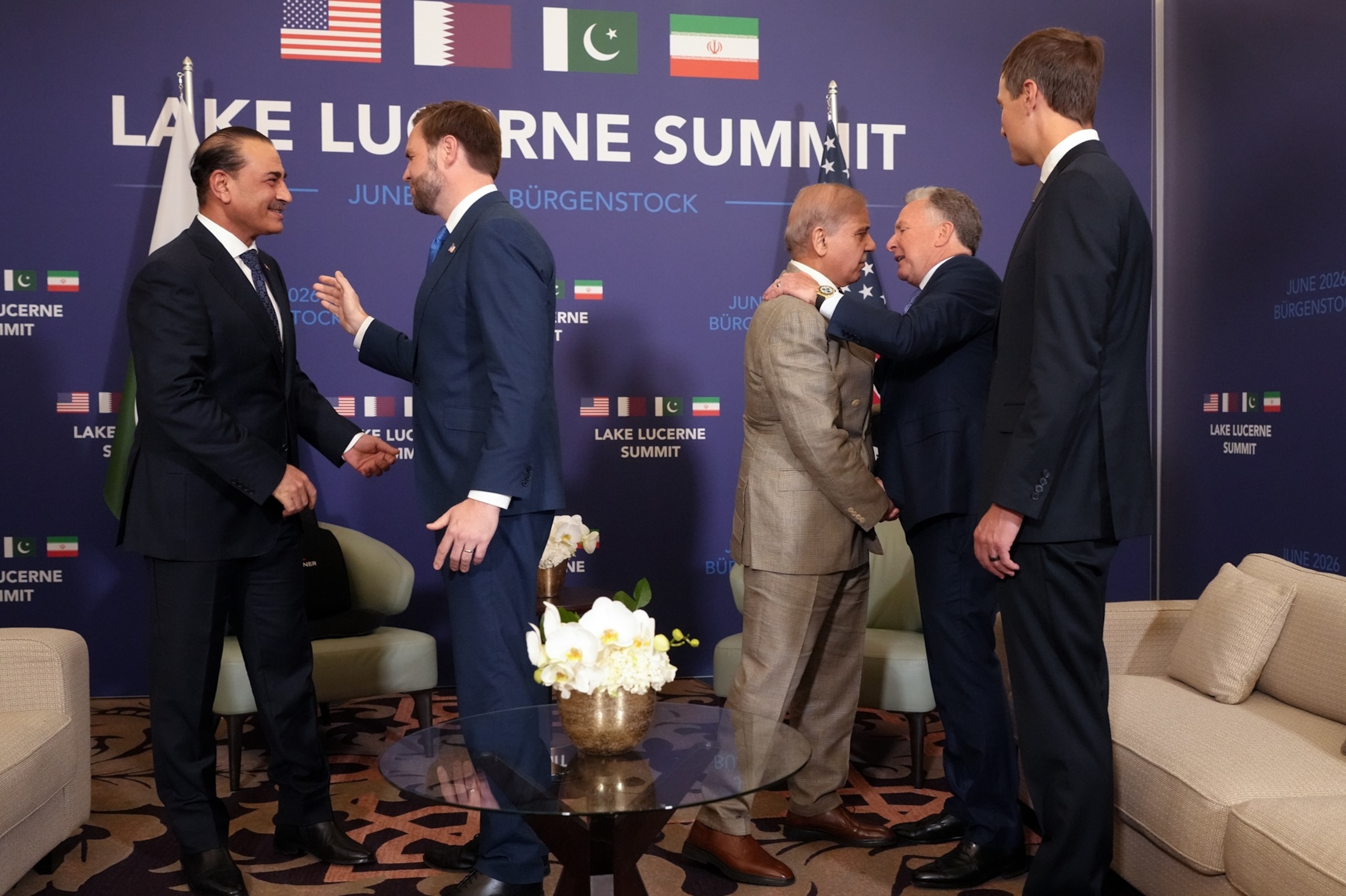 PHOTO: Vice President JD Vance, second from left greets Pakistan's Chief of Army Staff Field Marshal Asim Munir in Obbuergen, Switzerland, Sunday, June 21, 2026.