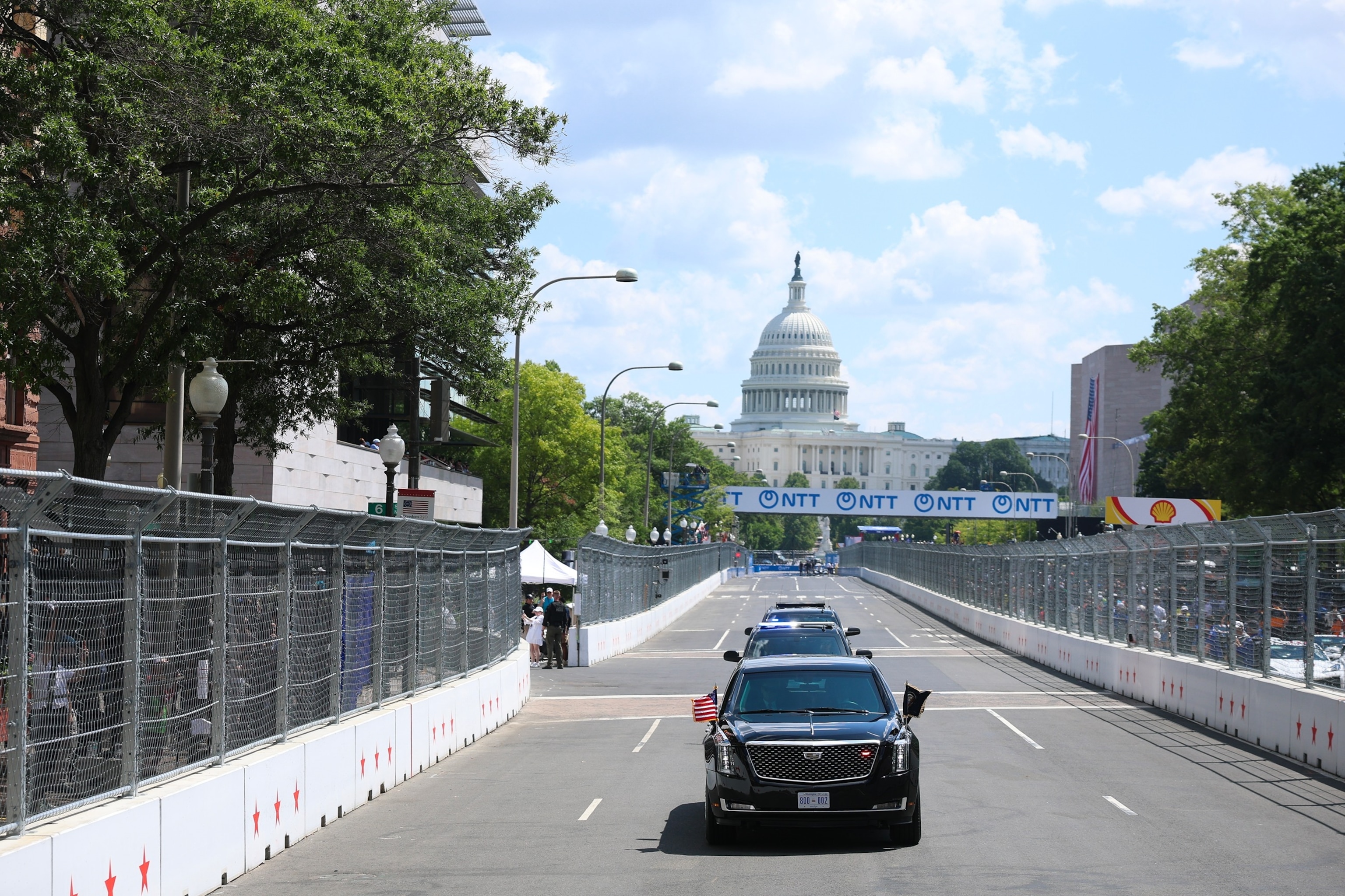 PHOTO: The presidential limousine known as "The Beast" makes a lap around a 1.66-mile racetrack with President Donald Trump and first lady Melania Trump aboard in Washington, D.C., August 23, 2026. 