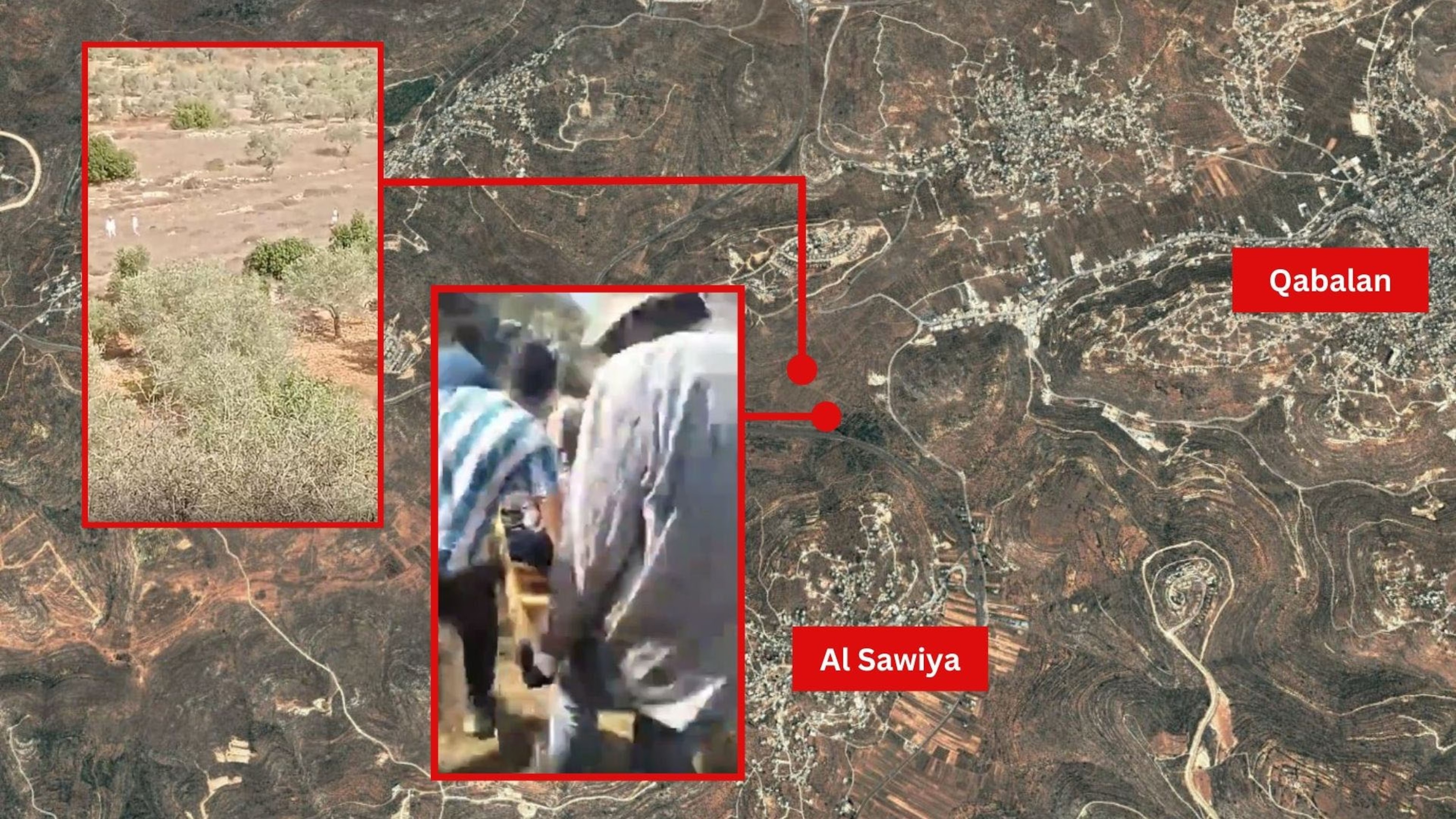 PHOTO: A detailed geographical breakdown of videos taken showing people with guns on Saleh's farm, and Saleh's family carrying him away after he was shot on Oct. 18, 2023.