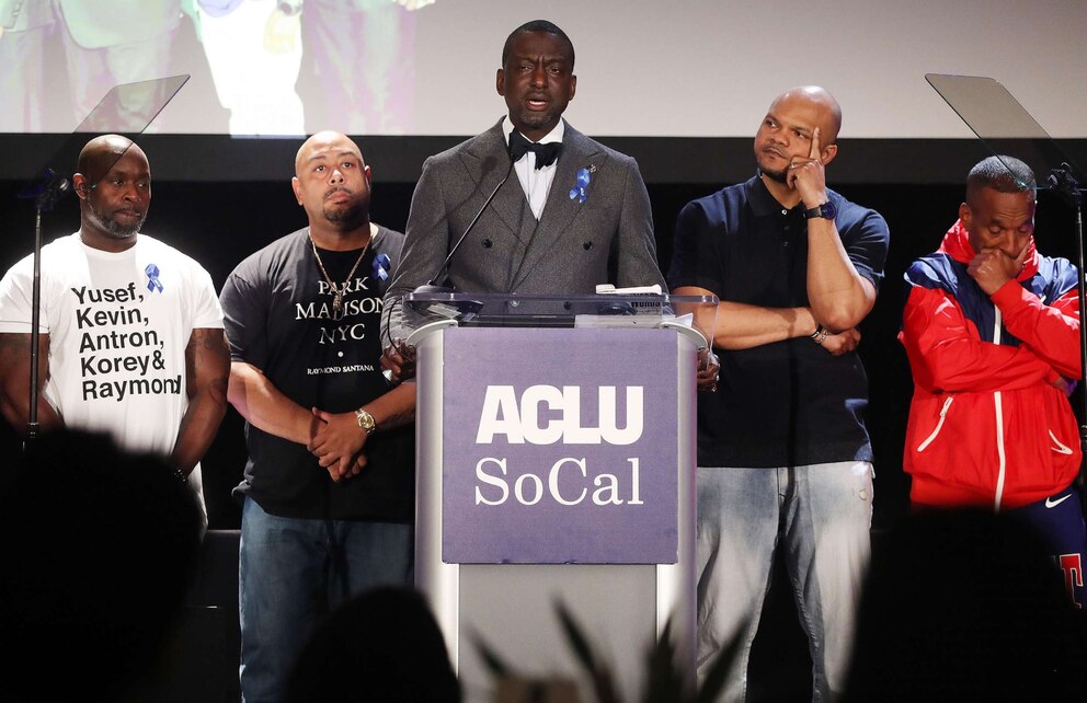 PHOTO: In this June 7, 2019, file photo, honorees (L to R) Antron McCray, Raymond Santana, Yusef Salaam, Kevin Richardson and Korey Wise appear on stage at the ACLU of Southern California's 25th annual awards luncheon in Los Angeles.